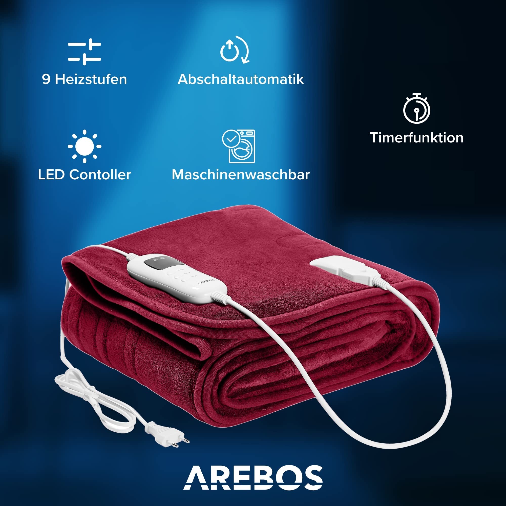 Arebos Heizdecke aus Plüsch 160 x 120 cm | elektrische Wärmedecke mit Abschaltautomatik | maschinenwaschbar | Timer, Überhitzungsschutz, Vorheizfunktion | 9 Heizstufen | Bordeaux