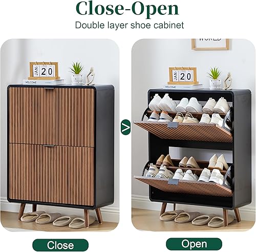 Miniatura 8 de Gabinete de almacenamiento para zapatos con estrías para entrada, gabinete delgado para zapatos con 2 cajones abatibles, organizador estrecho de