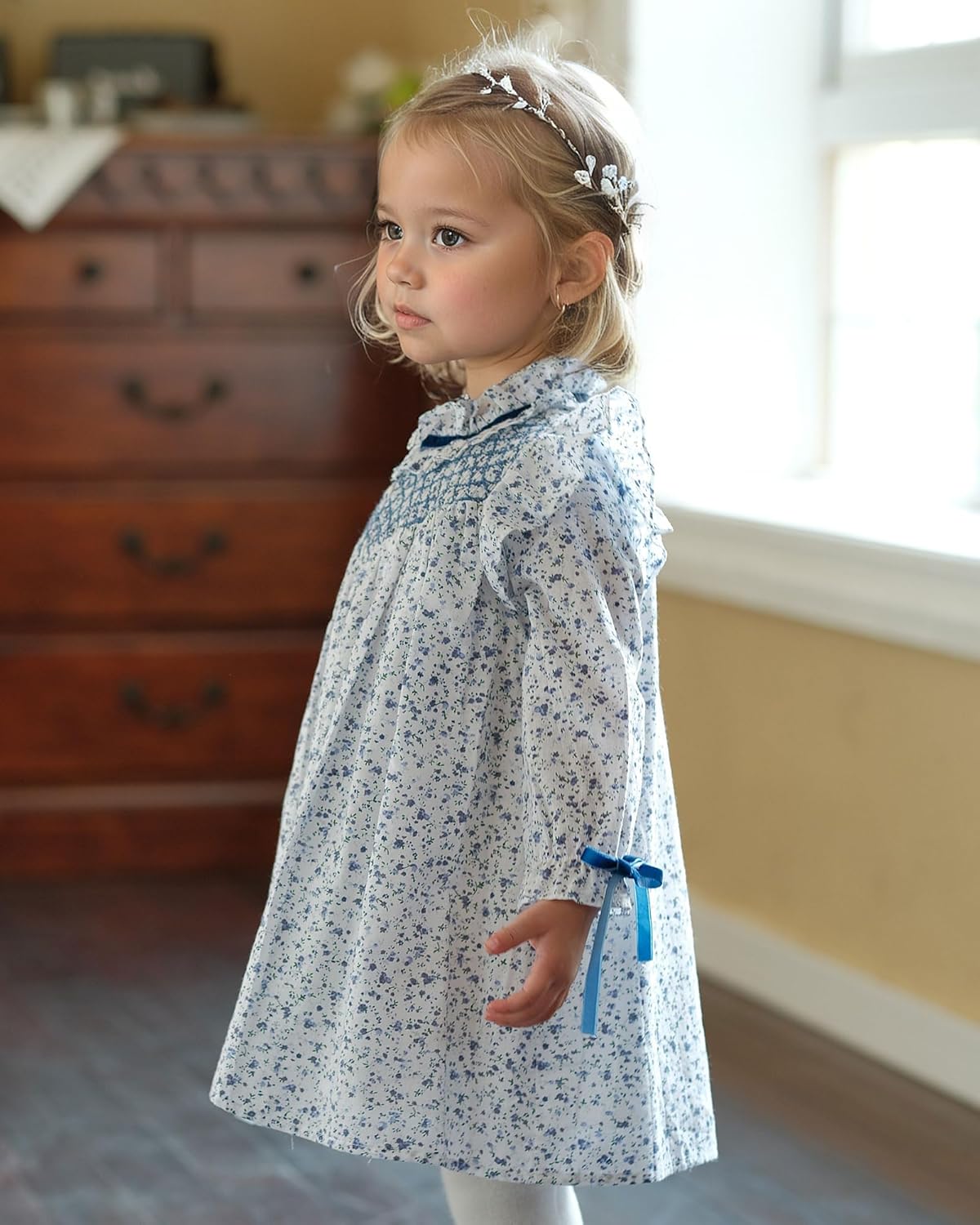 Toddler Baby Girl’s Floral Smocked Dresses | Long Sleeve Ruffle Vintage Dress with Bow