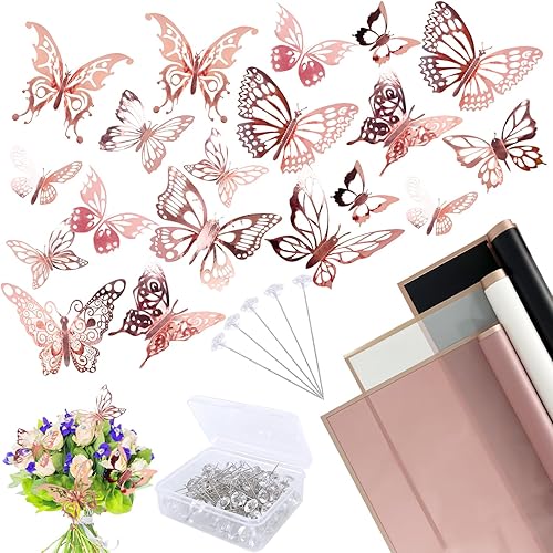 Cieovo Juego de papel de regalo de ramilletes florales, 30 hojas de papel de regalo de flores 48 oro rosa 3D para decoración de pared y 100 ramos de