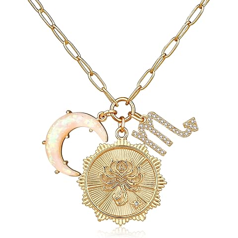 MISS RIGHT Gold Zodiac Sign Coin Necklace with Opal Crescent Moon Charm for Women Trendy, Dainty Gold Paperclip Chain 12 Constellation Horoscope Necklaces Astrology Jewelry Gifts