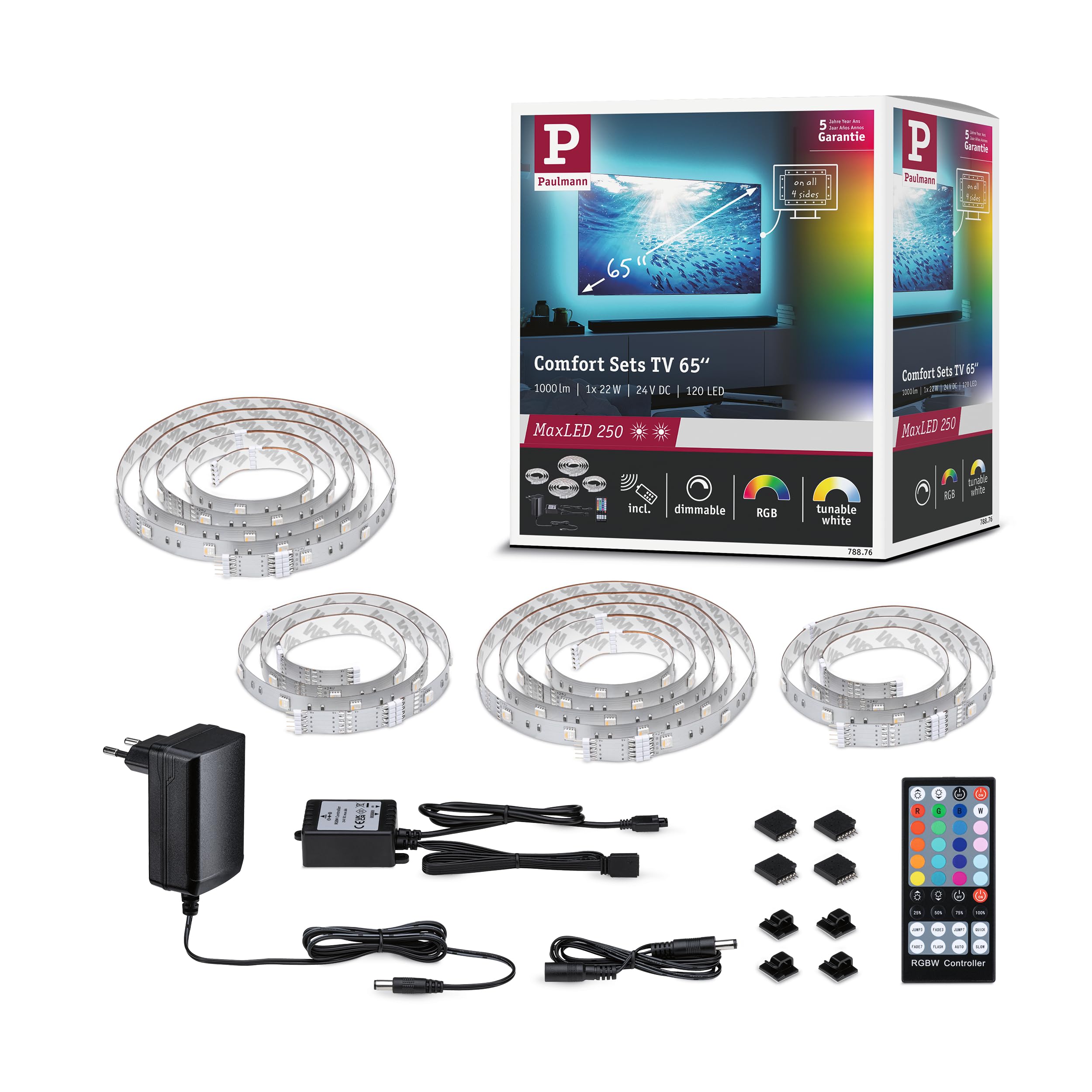 Paulmann 78876 MaxLED 250 LED Strip TV Comfort Basisset 65 Zoll 4,3m 22W 234lm/m 28LEDs/m RGBW+ 24VA dimmbar