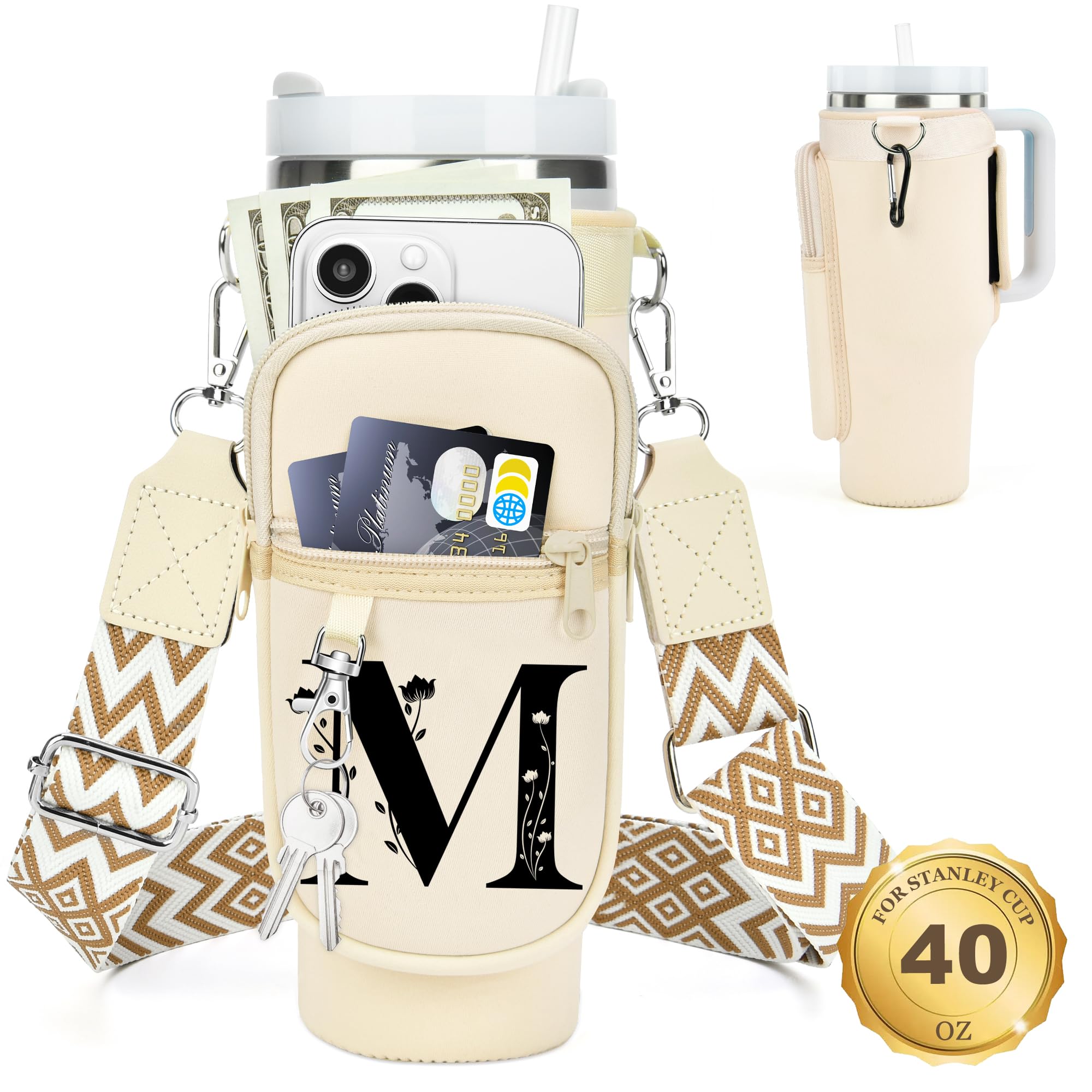 Initial Water Bottle Holder with Strap for Stanley Cup 40 oz Tumbler