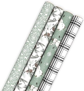 Hallmark Recyclable Neutral Christmas Wrapping Paper (4 Rolls: 100 Sq. Ft. Ttl) White and Sage Green Evergreen Pinecones, Rustic Snowmen, Plaid, Nordic Deer and Foliage