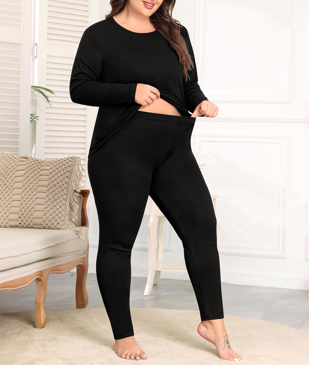 SWOMOG Plus Size Thermal Underwear Sets for Women Long Johns Base Layer Set 2 Pcs Underwear Top & Bottom Pajama Set