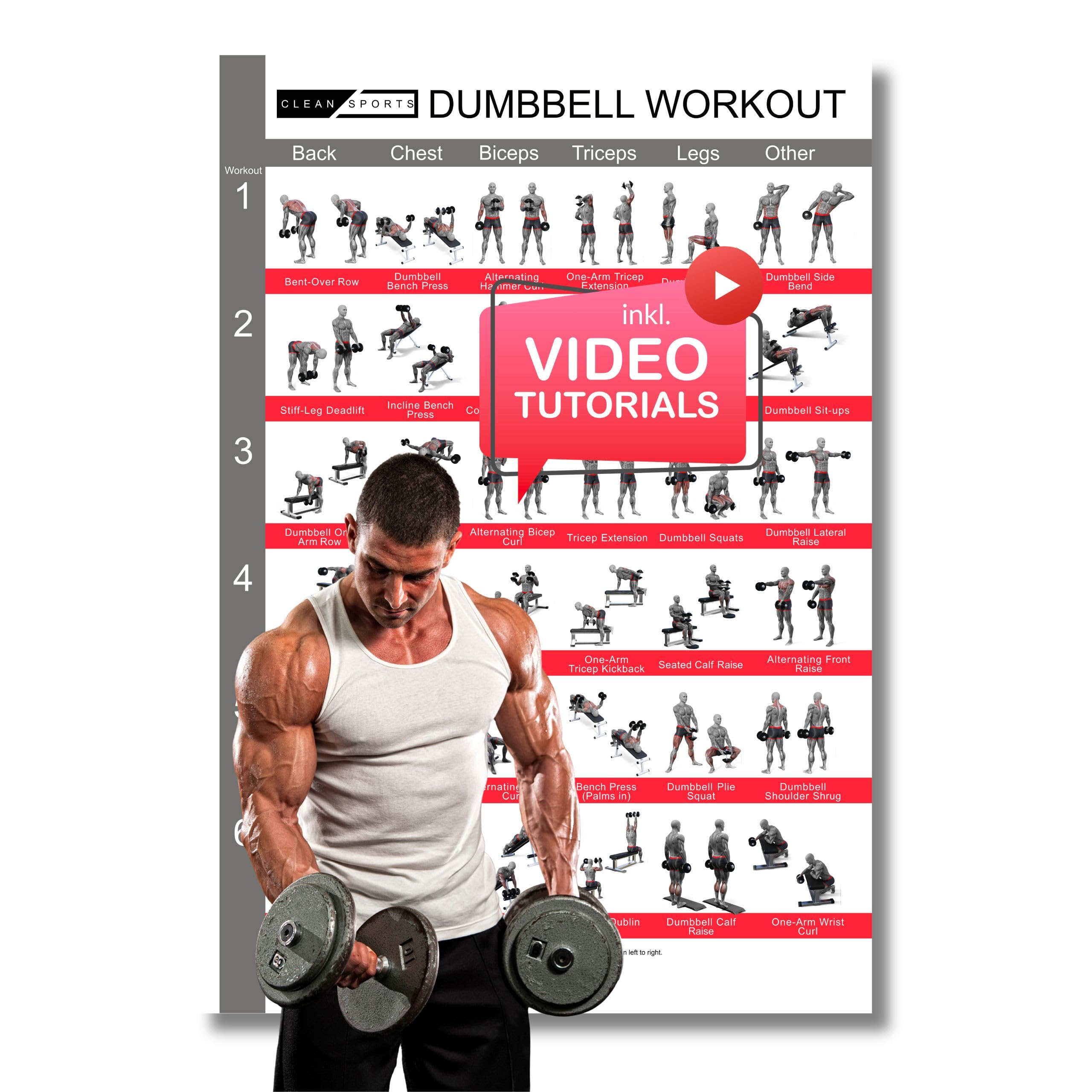 CLEAN SPORTS Poster d'entraînement avec haltères A1 – Six entraînements complets du corps à suivre | Affiche murale de fitness pour salle de sport à domicile ou studio (taille DIN A1)