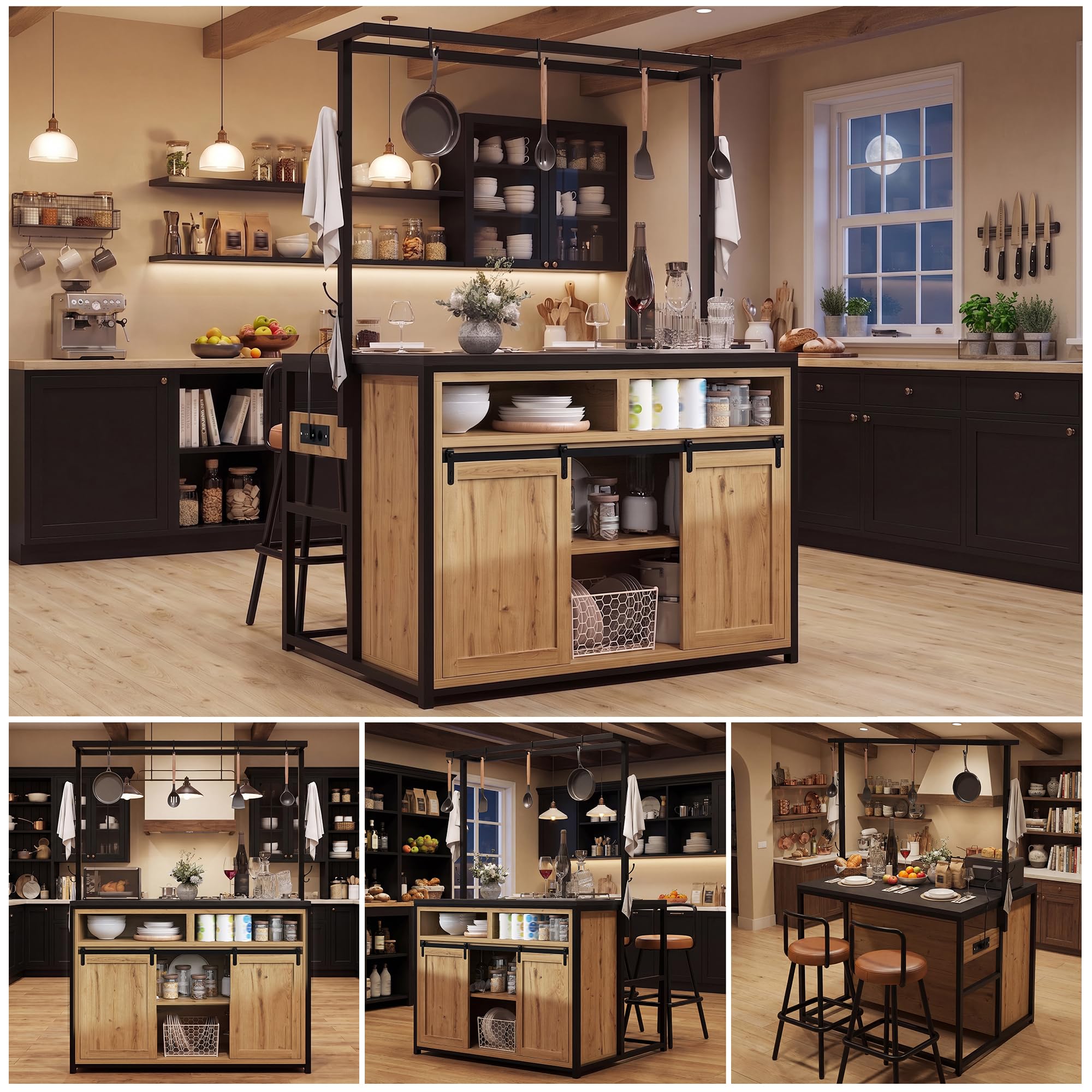 Kücheninselschrank 183 cm mit Arbeitsplatte, Stromanschluss & Hängeregal – Küchenschrank mit viel Stauraum für Küche & Esszimmer, Holzoptik