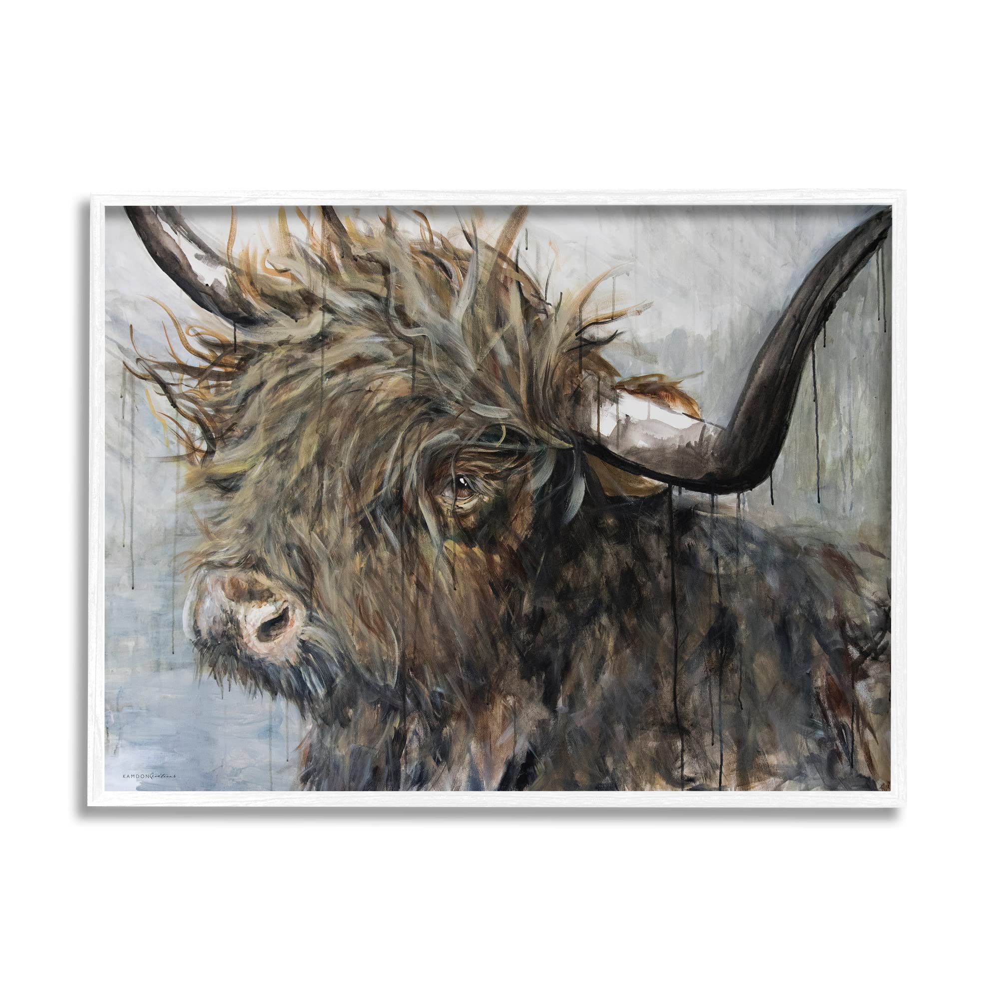 Stupell Industries Baby Highland Cattle Portrait Rustic Rain Paint Drip, Designed by Kamdon Kreations White Framed Wall Art, 14 x 11, Grey