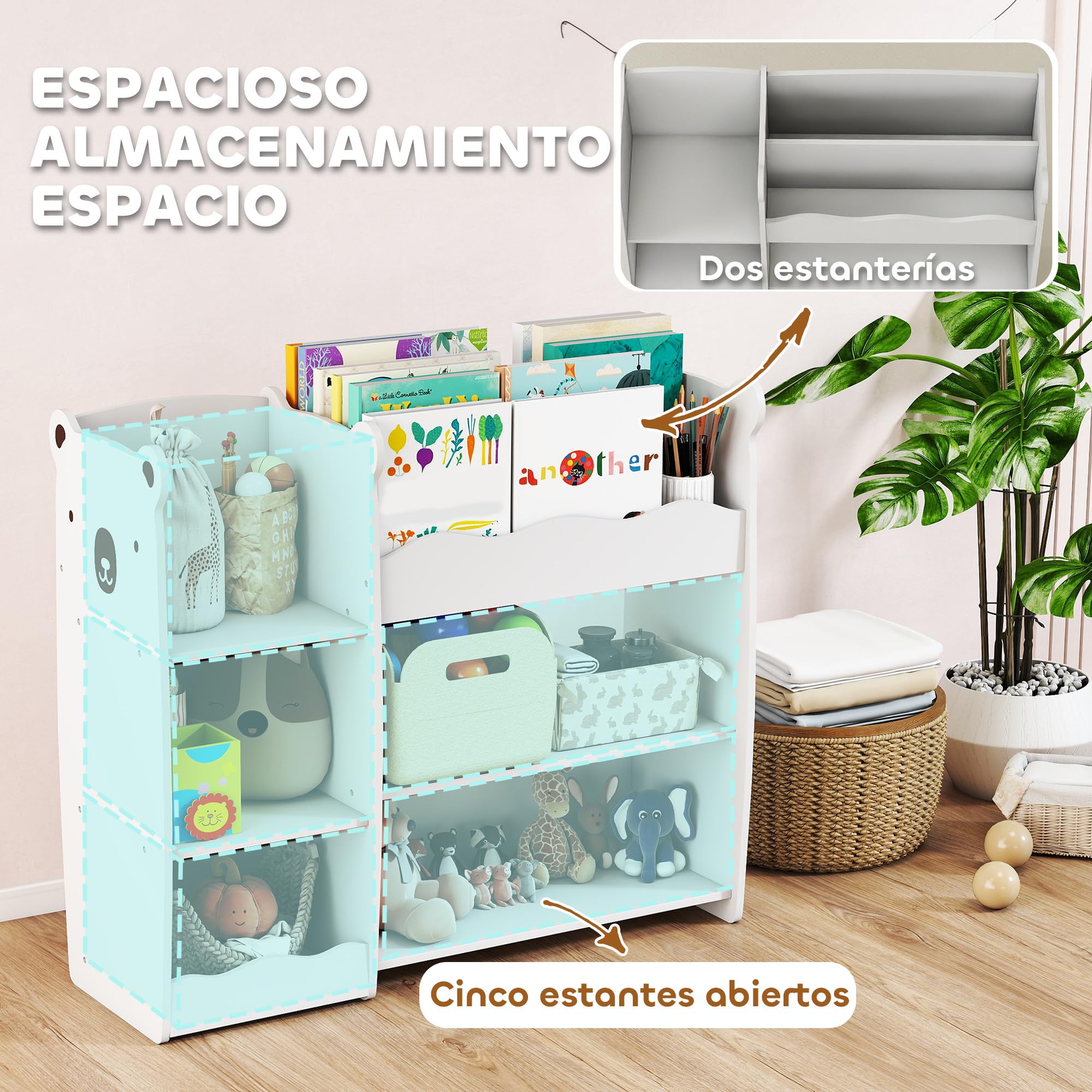 AIYAPLAY Scaffale per giocattoli per bambini con ripiani aperti, scomparti, design con orsacchiotti, organizer per giocattoli per camera da letto, sala giochi, asilo nido, bianco