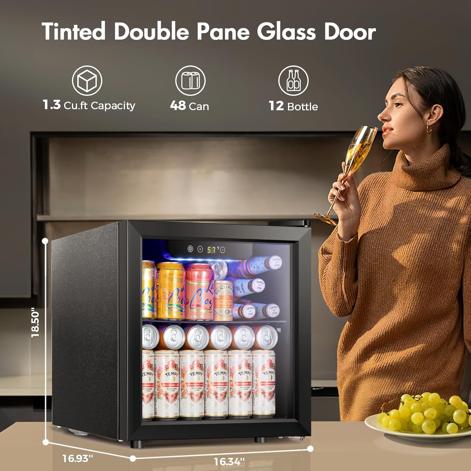 Kismile 1.3 Cu.ft Beverage Refrigerator and Cooler,12 Bottle 48 Can Mini Fridge Glass Door, Digital Temperature Display for Soda, Beer or Wine, Small Drink Dispenser Cooler for Home, Office, Bar