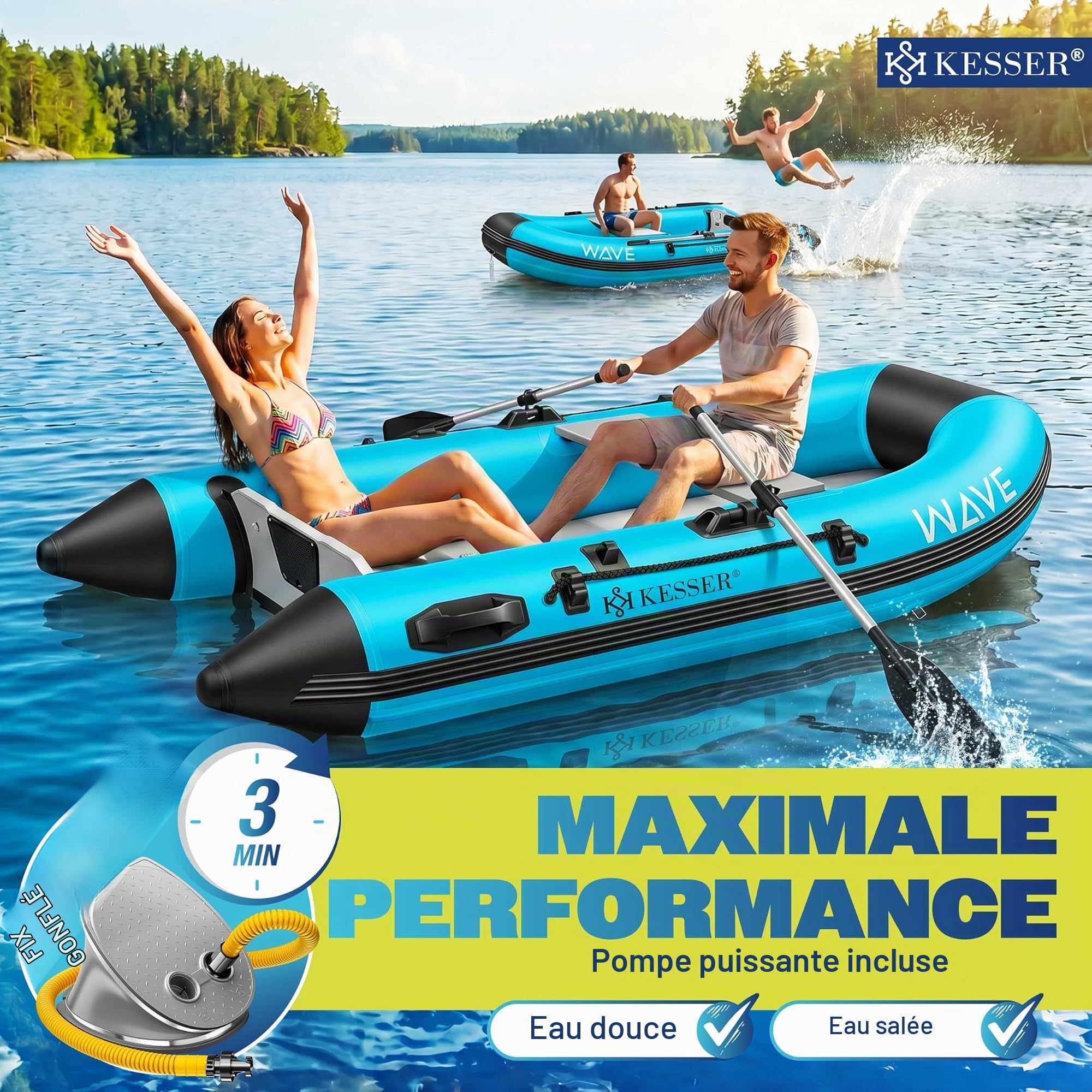 KESSER® Bateau gonflable Wave 230-380 cm Set de 6 pièces gonflables – Bateau + banc, pompe à air, pagaie, kit de réparation, sac, bateau de pêche, bateau à pagaie petit et grand – Combinaison moteur