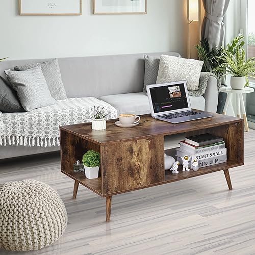 Miniatura 7 de SUPER DEAL Mesa auxiliar para sala de estar, mesa central de comedor de madera de mediados de siglo de 2 niveles con estante de almacenamiento, mesa