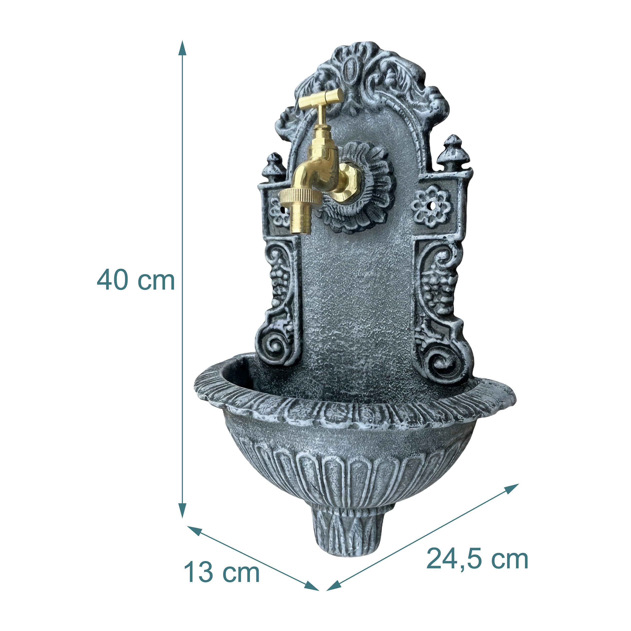 Relaxdays Fontaine Murale Antique avec Robinet, lavabo de Jardin en Fonte d'aluminium, Gris, H x L x P 40 x 24,5 x 13 cm