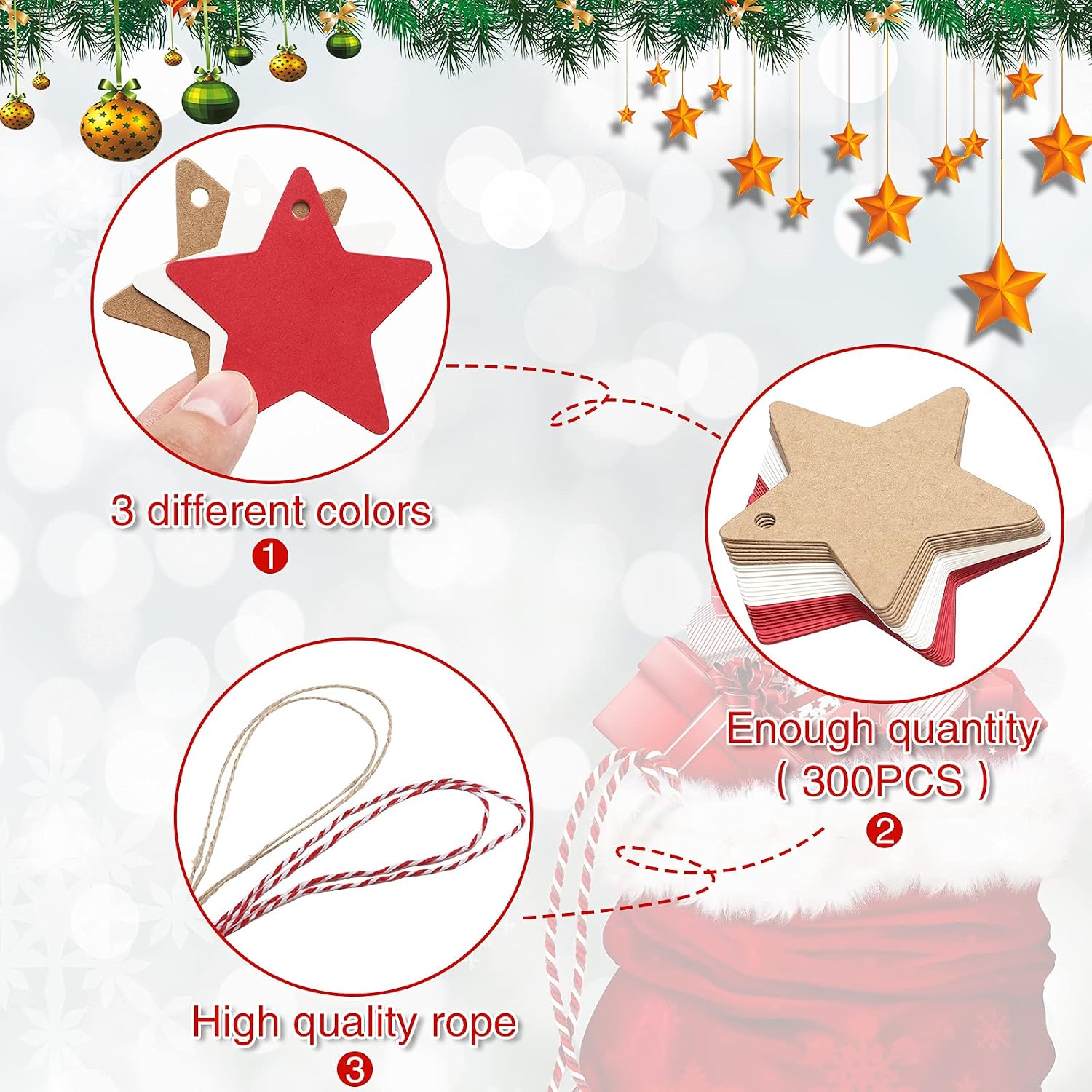 300 Pieces Christmas Star Paper Tags Kraft Paper Blank Tags Vintage Craft Hanging Label Kraft Wrap Signs with 100 Feet Twine for DIY Wedding Christmas, Natural Color, Red, White