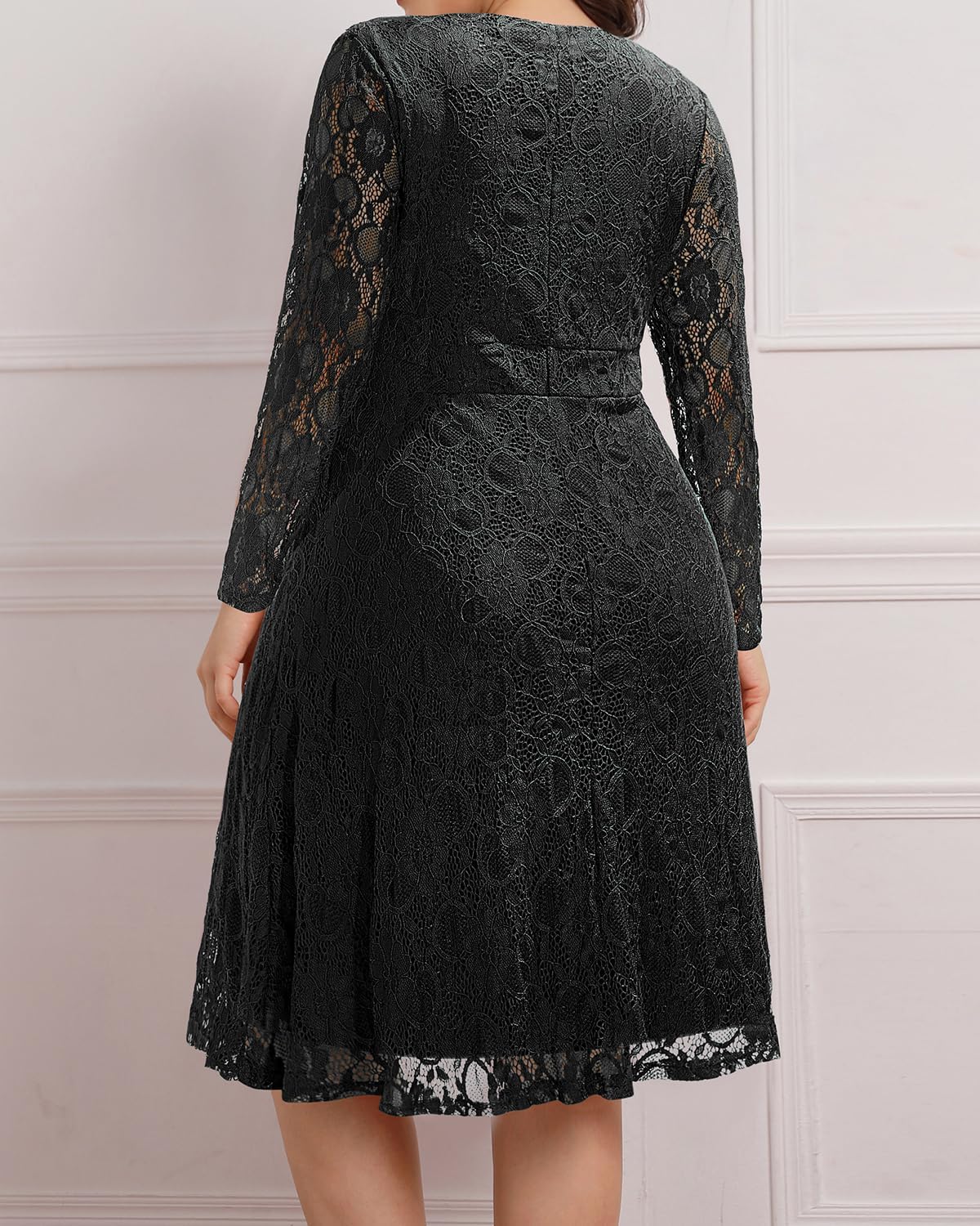 Women Plus Size Wedding Guest Dresses Cocktail Black Wrap Lace Fall Formal Long Sleeve Knee Length Evening Party Dress - Image 3