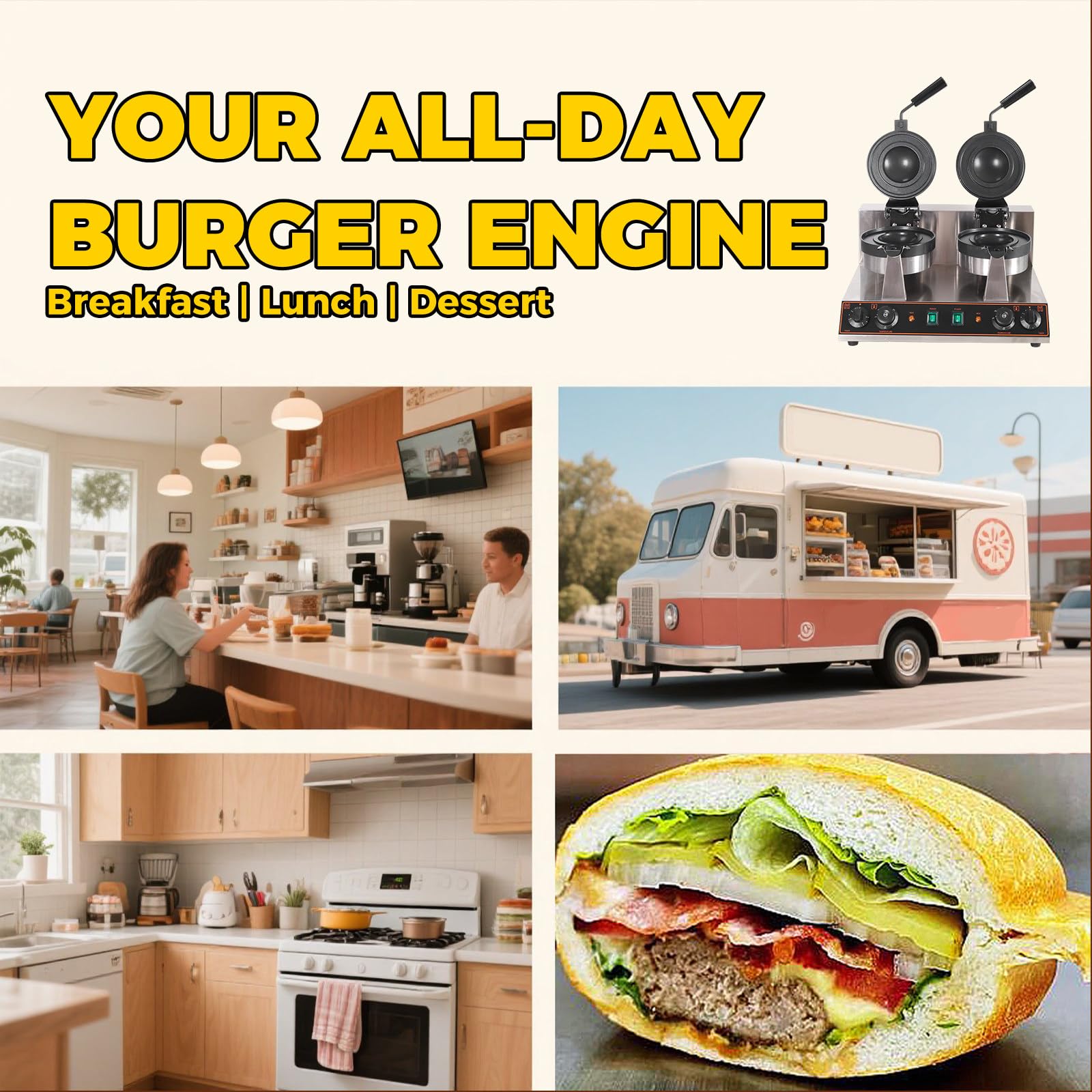 Disquera Pan Cubano Industrial Gofrera para Hamburguesas 50℃~300℃ Máquina para paninis Prensa de Hamburguesas Comercial para restaurantes/cafeterías/Camiones de Comida 4grids