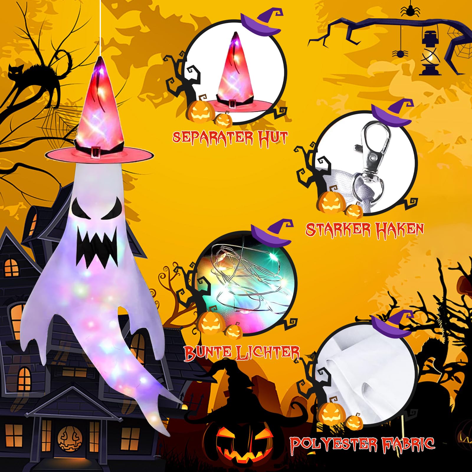 Halloween duchy potwór, 2 sztuki wiszących wiatraków, dekoracja na Halloween, do użytku na zewnątrz, do wnętrz, horror, wisząca skarpeta z kolorowymi światłami LED, dekoracja Halloween, imprezę,