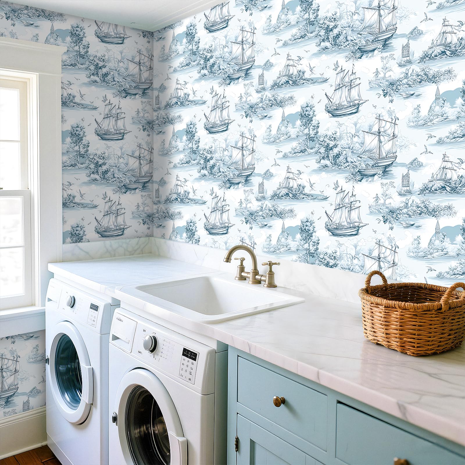 ReWallpaper 44.5CMx7M Sailboat Blue Wallpaper Toile De Jouy Peel and Stick Sticky Back Plastic Patterned Waterproof Bathroom Wallpaper Blue Pattern Sea View Tree Bedroom Wall Paper - Image 3