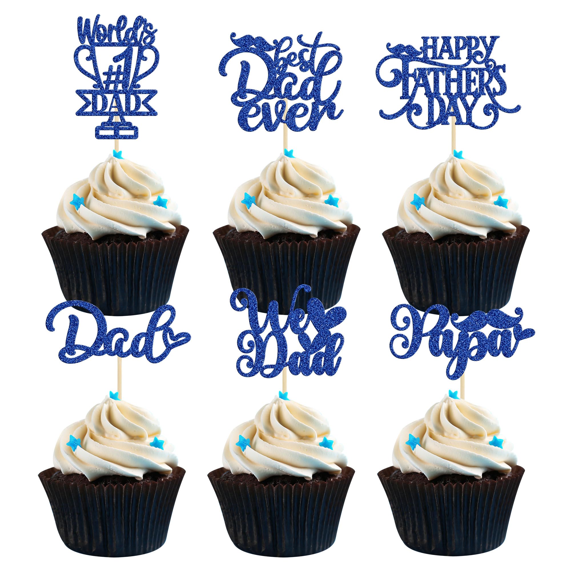 Ephlyn36Pcs Happy Father's Day Cupcake Toppers Blue Glitter Best Dad Ever #1 Dad Love Papa Cake Pick Decorations for Happy Father's Day Dad Birthday Theme Party Supplies