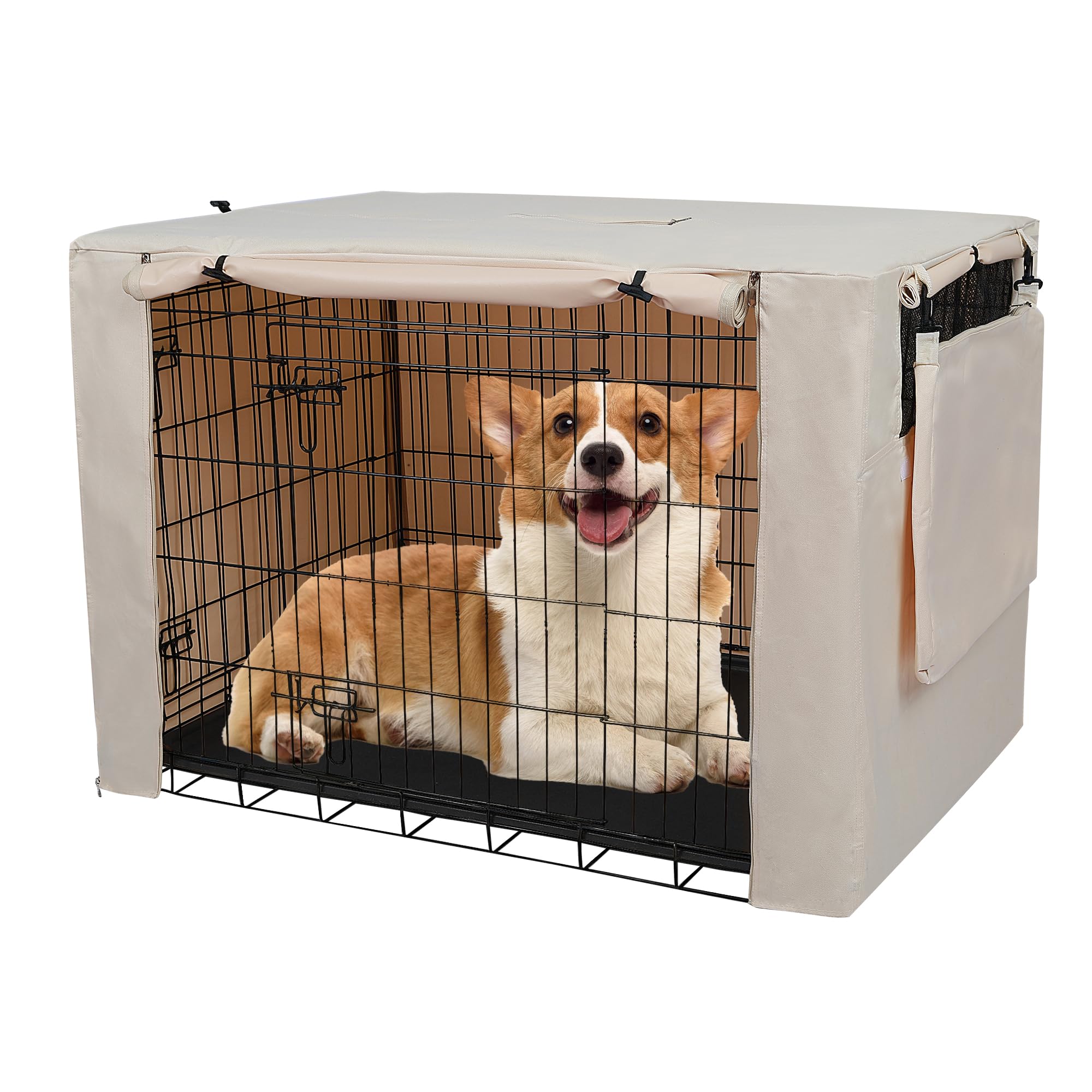 Deblue 30 Inches Dog Crate Cover with Storage Bag, Polyester Heavy-Duty Pet Kennel Cover Universal Fit for Double Doors Standard Metal Wire Crate (Beige-with Bag)