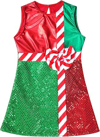 JEATHA Kids Girls Shiny Metallic Sequins Leotard Dress Christmas Color Block Striped Bowknot Dance Costume