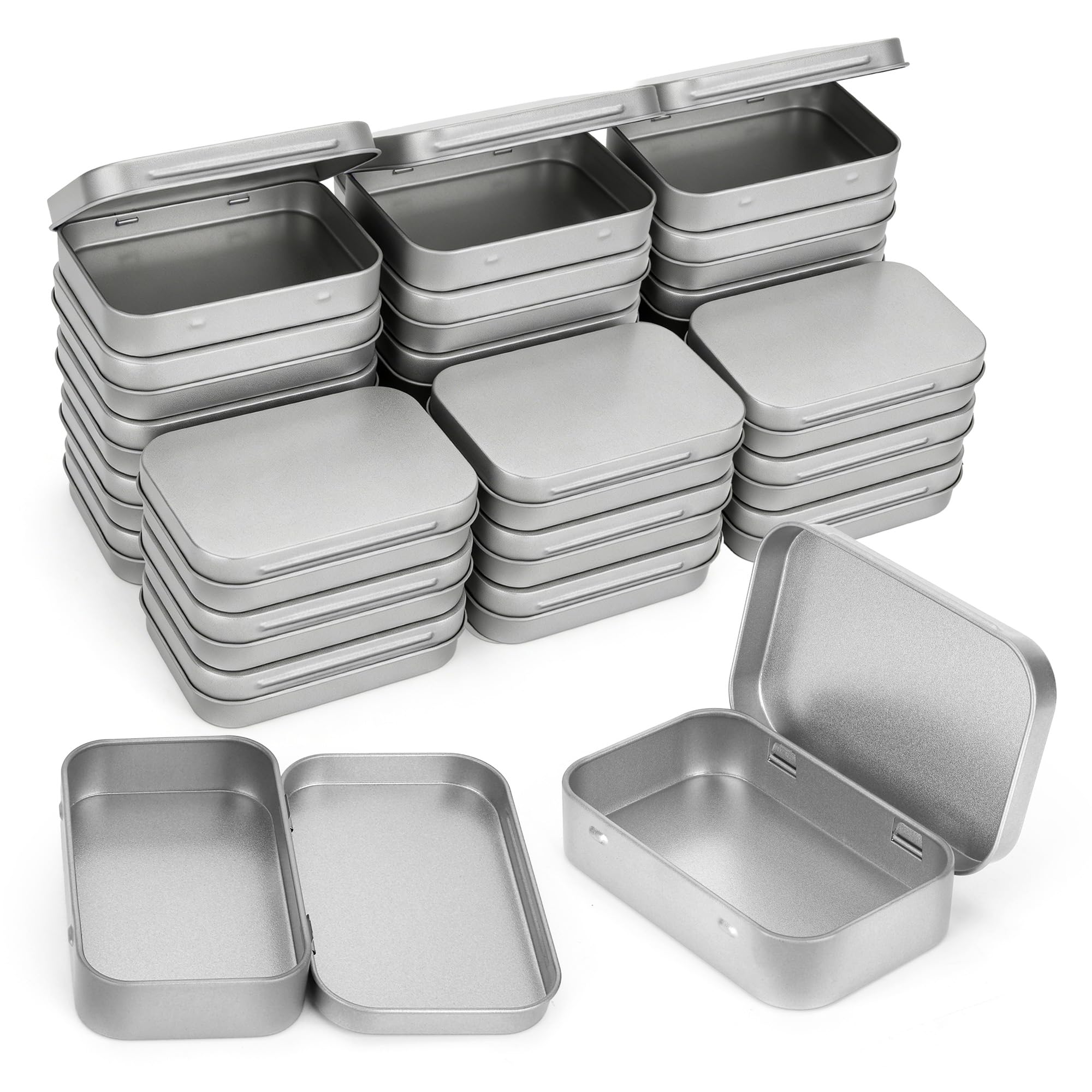WeeGoo 24 Pcs Silver Rectangular Tins with Lids, Metal Tins with Hinged Lids, 9.5x6x2 cm Empty Portable Storage Tin Boxes for Candies Key Jewelry Small Items