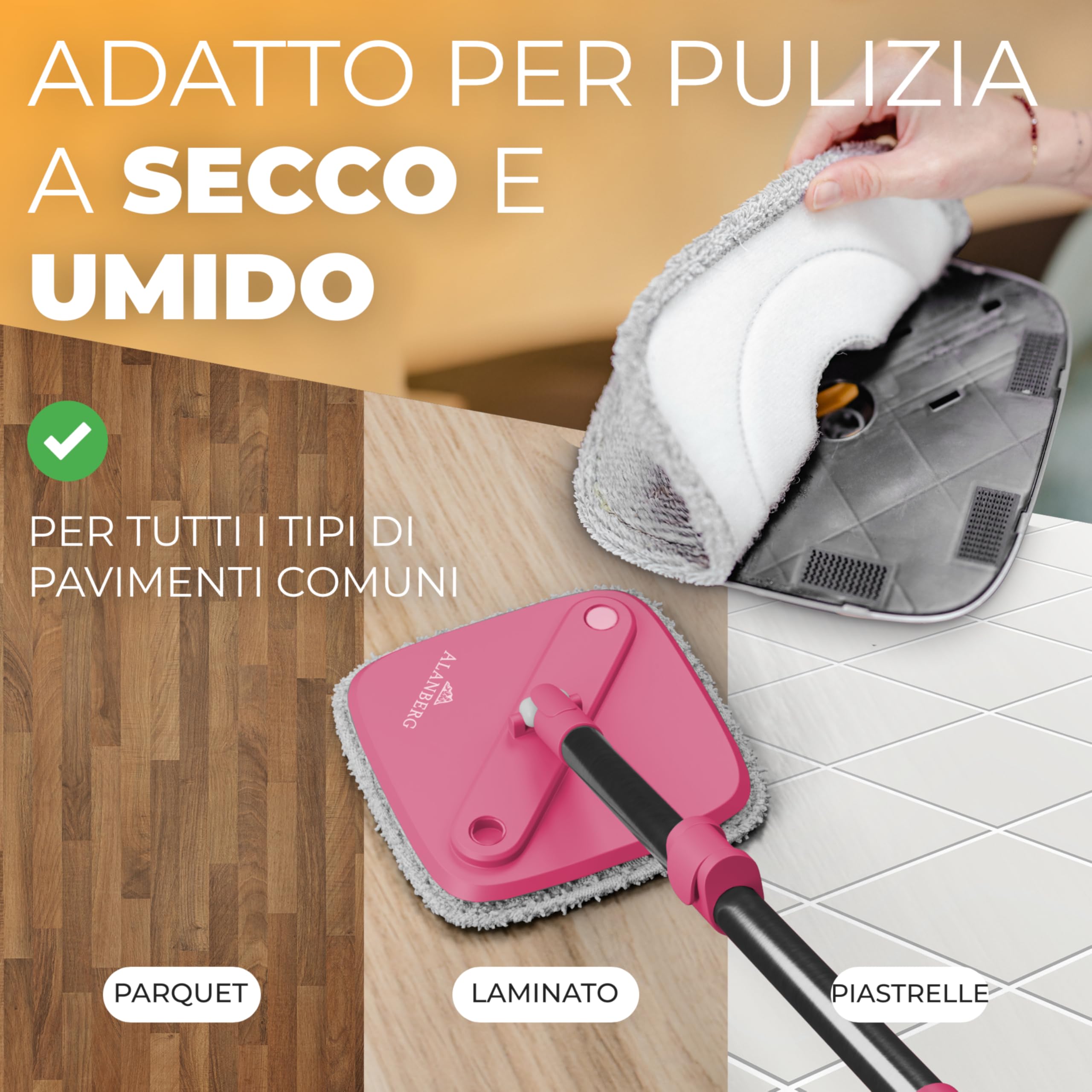 ALANBERG Mocio Lavapavimenti, Secchio Lavapavimenti, 2 Vasche, Rosa | Secchio Lavapavimenti Doppia Vasca, Panni In Microfibra, Manico Telescopico, Acqua Pulita E Sporca