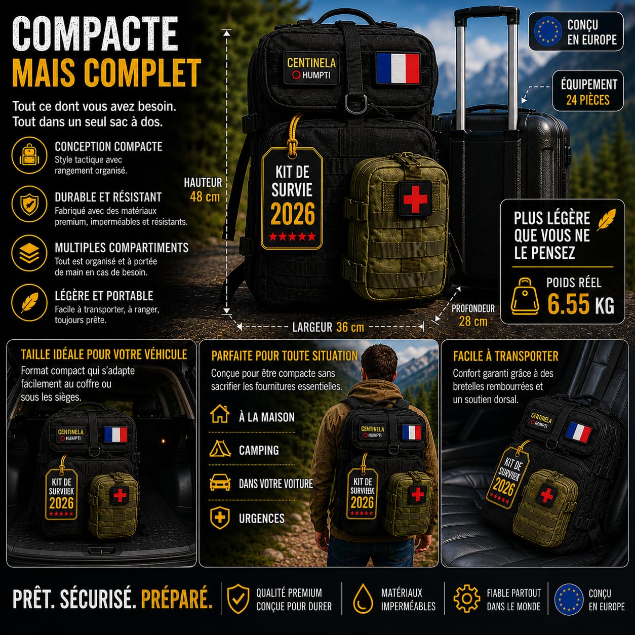 Kit de Survie Complet UE 2026, Sac à Dos de préparation d’Urgence 72 Heures, équipement Essentiel avec Radio Solaire, éclairage, paracorde et Couverture Thermique