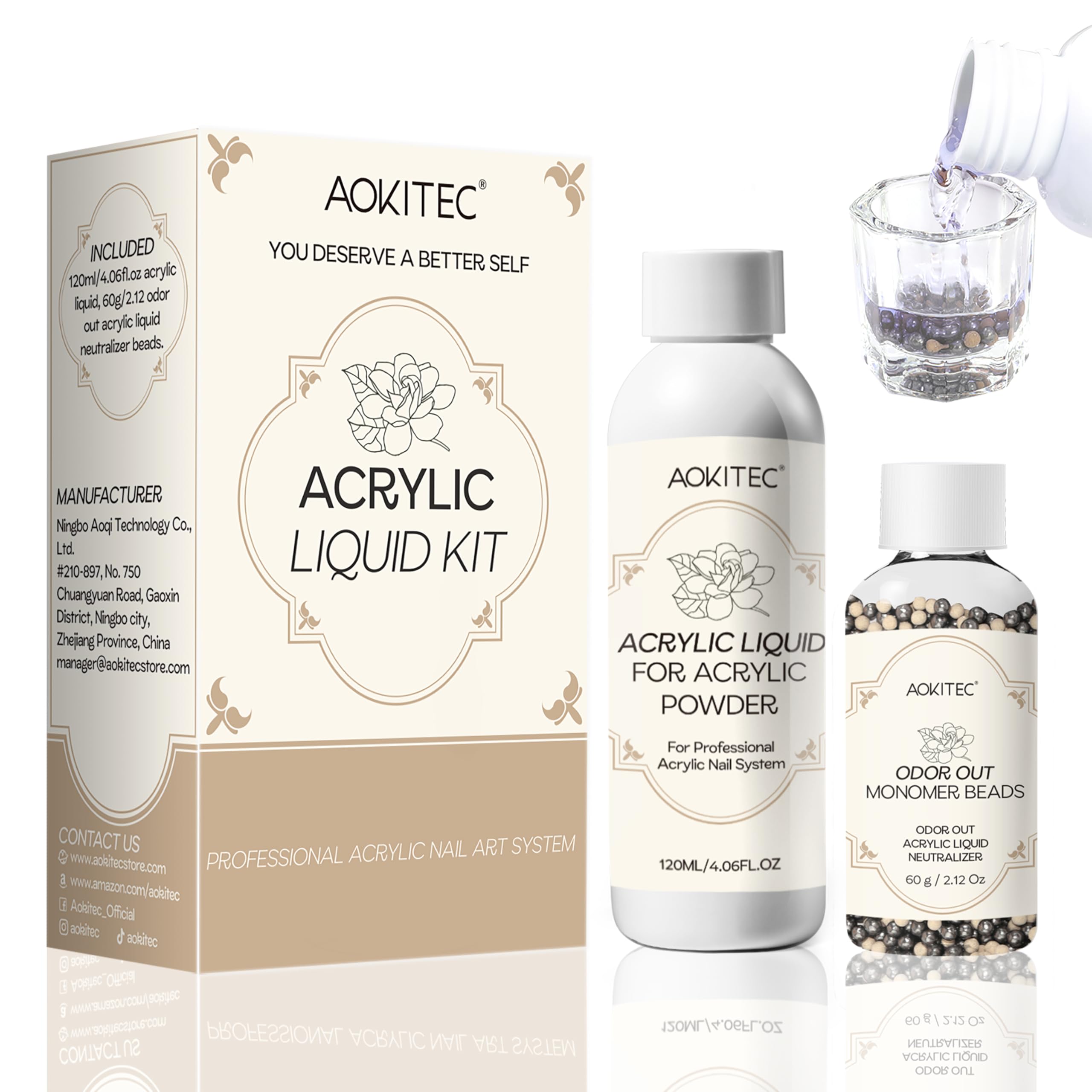 Aokitec Liquide acrylique avec perles neutralisant les odeurs, monomère EMA 120 ml pour ongles en acrylique, monomère à faible odeur et non jaunissant pour poudre acrylique