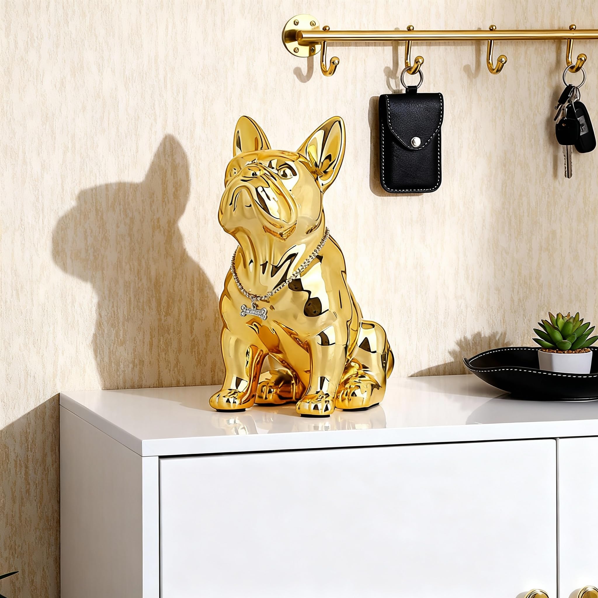 Estatua Dorada de Bulldog Francés, Estatua de Perro Pug Dorado de Resina Sentado, Escultura de Decoración del Hogar de Bulldog Inglés, Decoración de Escritorio de Sala de Estar, Regalo de Arte