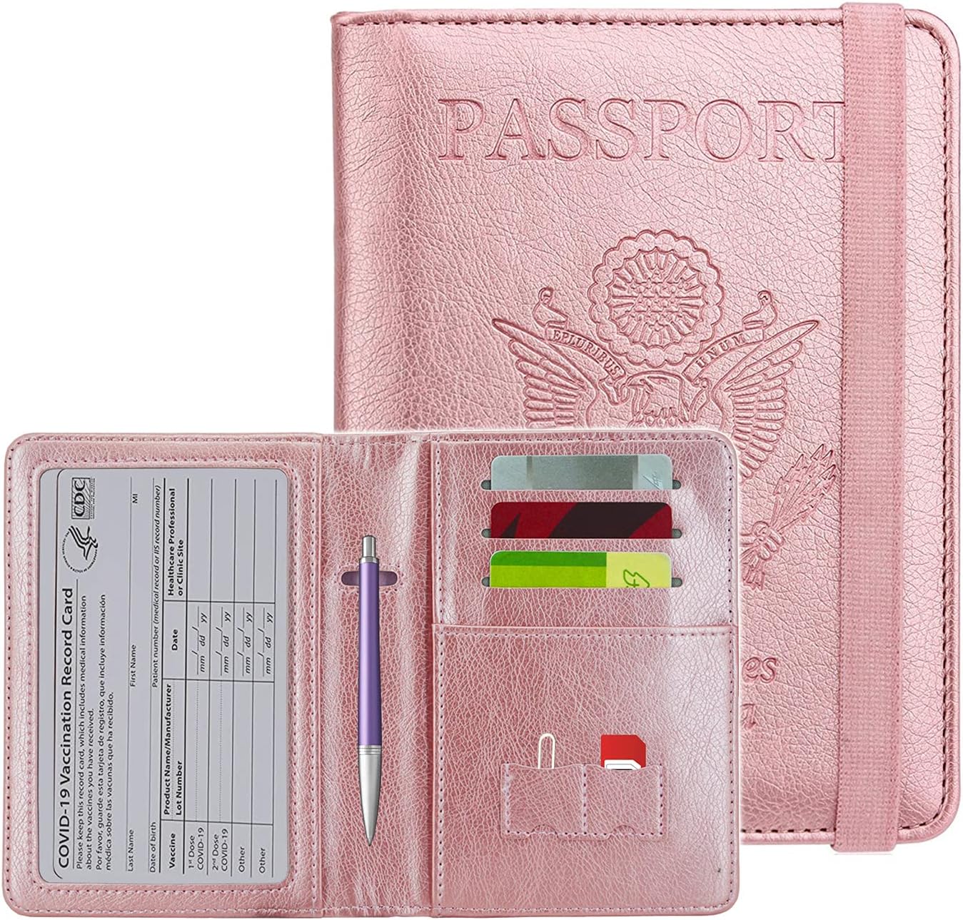 KINGMAS Passport Holder Cover, Vaccine Card Holder RFID Blocking Travel Passport Wallet Leather Case for School Bussiness Trip Travel and Go Abroad (Rose-gold, Elastic Band)