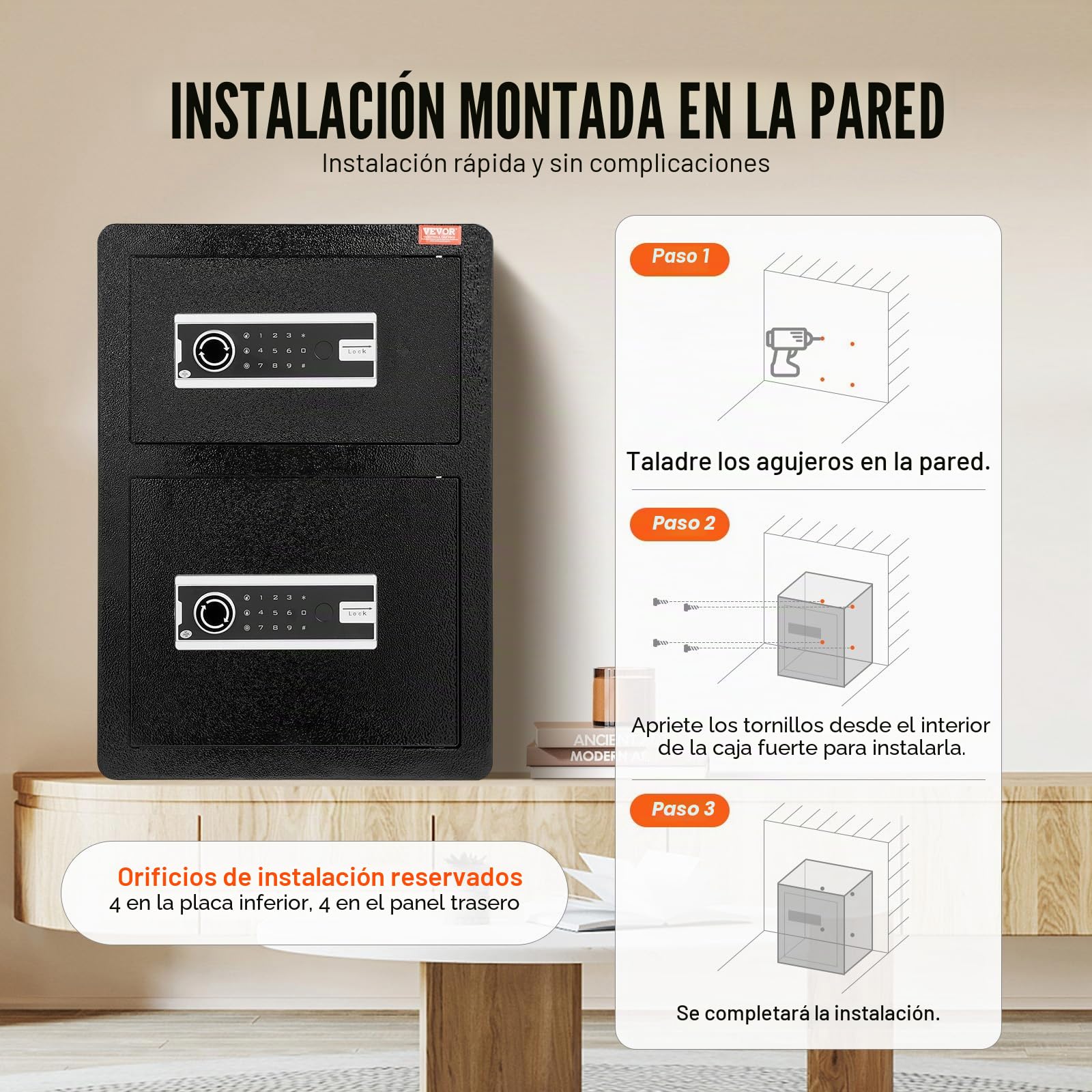 VEVOR Caja Fuerte de 99,1 L con Puertas Dobles, Cerradura con Llave y Contraseña, Bolsa Ignífuga, Estante para Llaves, Luz LED y 2 Divisores Ajustables y Extraíbles para Dinero, Documentos, Negro