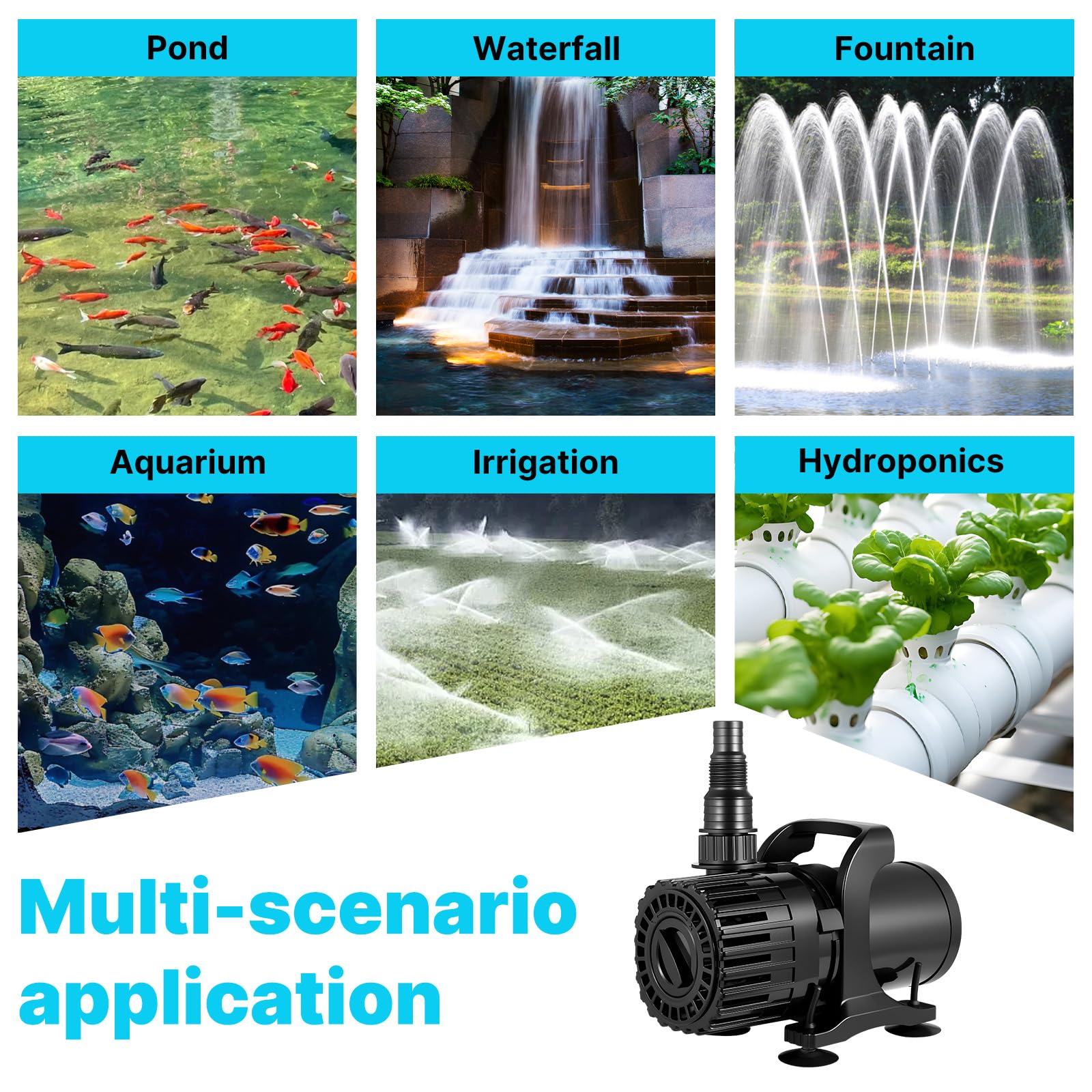 600 GPH Teichpumpe mit einstellbarem Durchfluss, für Wasserfall und Wassergarten, 3,5 m Lift, 100 W Tauchwasserpumpe, 180 ° verstellbarer Auslass, Filtertasche und 6 m Kabel, leise