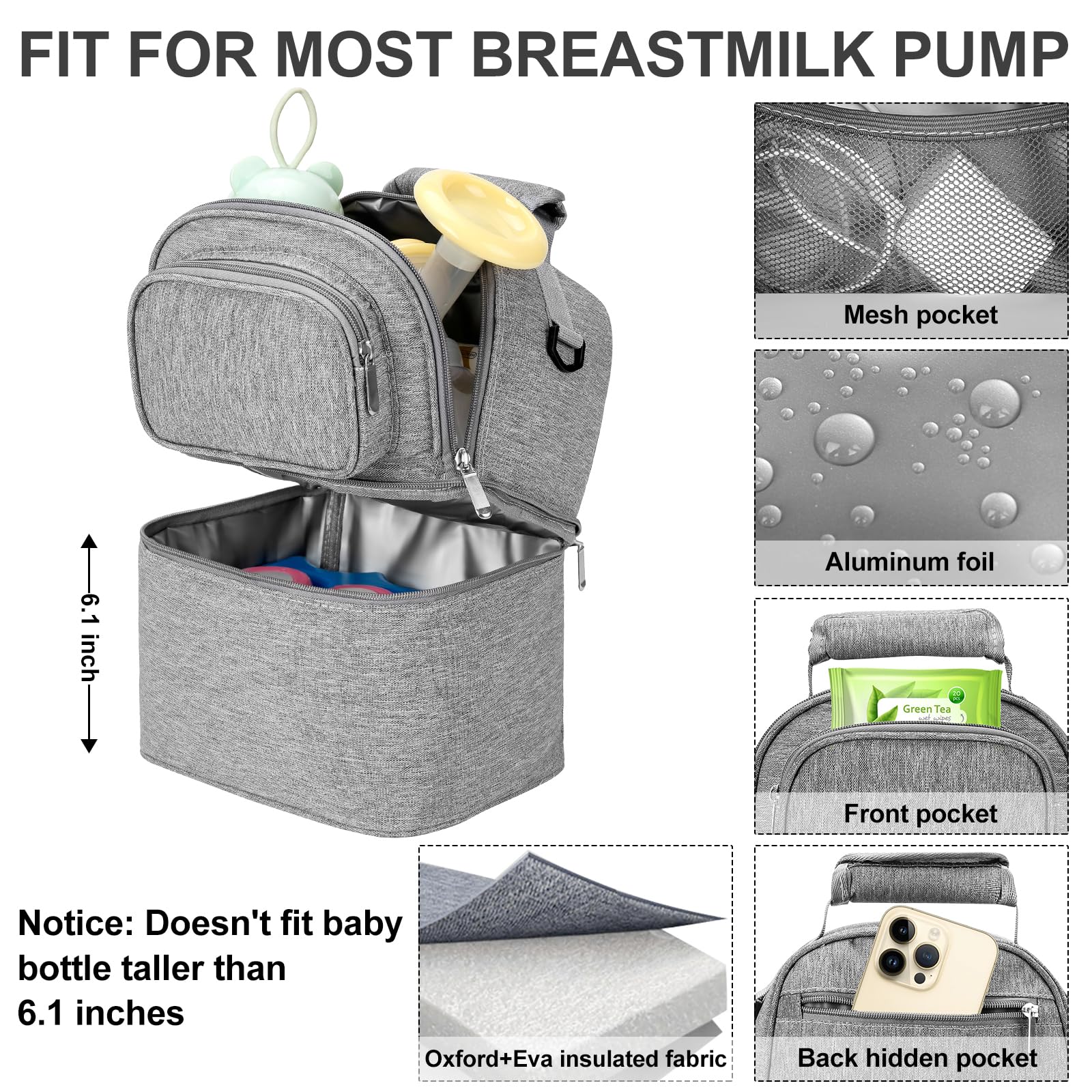 Bolsa enfriadora de leche materna con bolsa de hielo, bolsa enfriadora de almacenamiento de leche materna de doble capa para 6 biberones de hasta 9 onzas, bolsa aislada para biberones con correa para