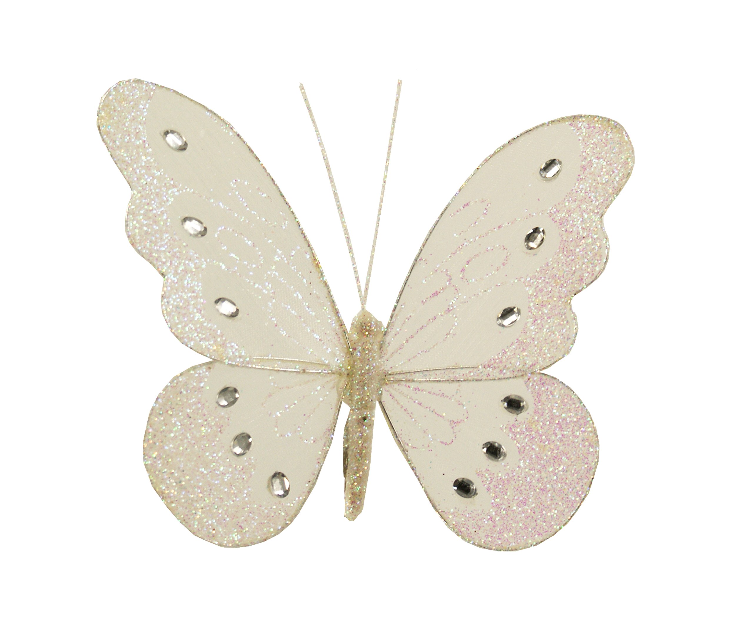 CalCastle Craft6 Piece 7" Glittered Nylon Butterfly with Back Clip Wedding Party Home Décor (White)