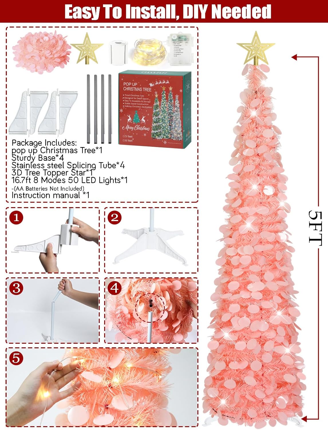 HMASYO 5 FT Pop Up Christmas Tree with Timer Lights, Pink Christmas Tinsel Tree, Collapsible Artificial Pencil Christmas Tree for Indoor Home Apartment Porch Holiday Party Decorations