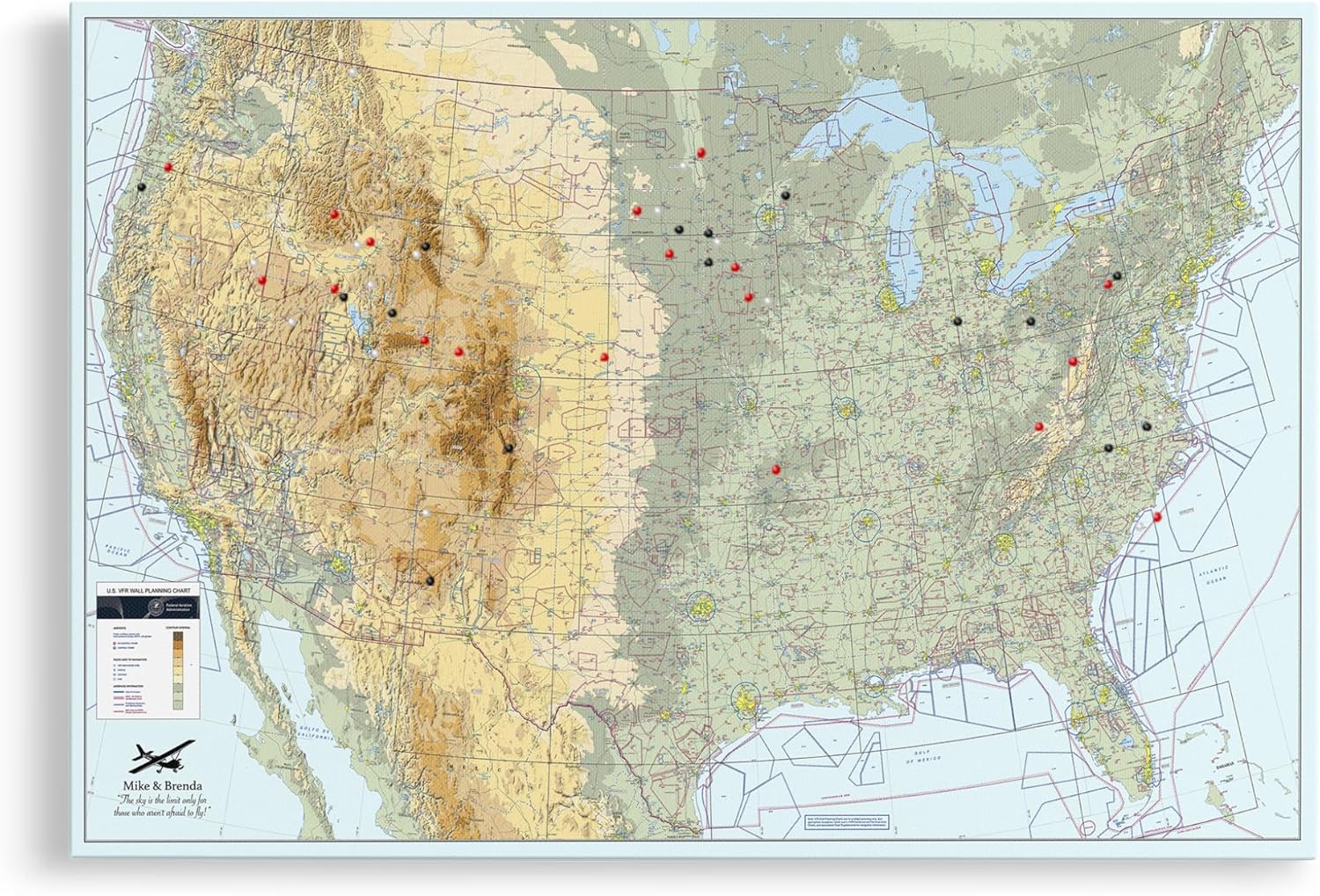 Push Pin Travel Maps FAA VFR Planning Canvas – Personalized Pilot Flight Tracker with Pins, Airport Tracking Map, Aviation Wall Decor – Gallery Wrap – 24" x 36"