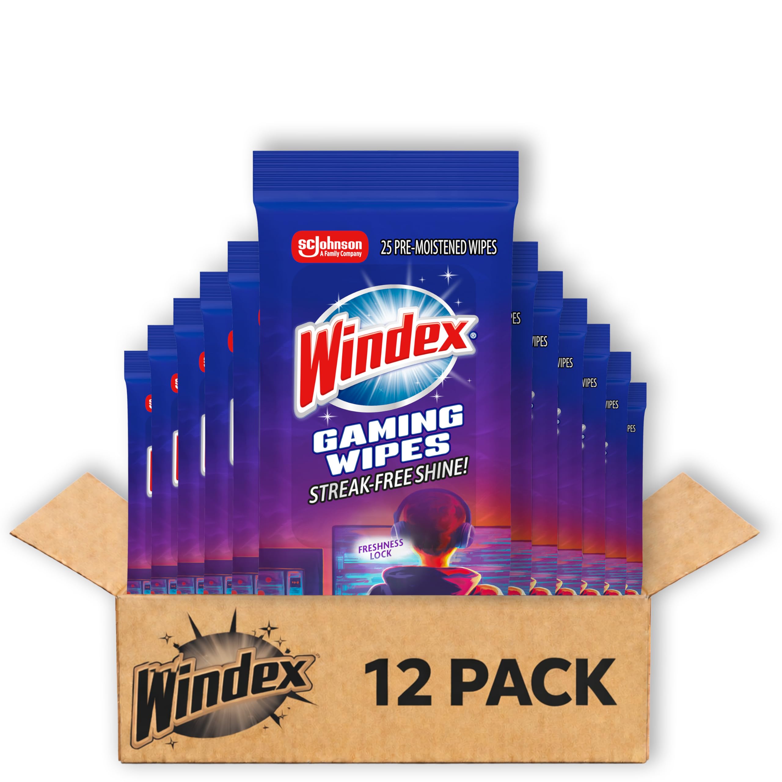 Windex Gaming Cleaning Wipes, Pre-Moistened Wipes to Instantly Clean all Gaming Gear and Electronics, Resealable Packaging for a Freshness Lock, 25 count (Pack of 12)