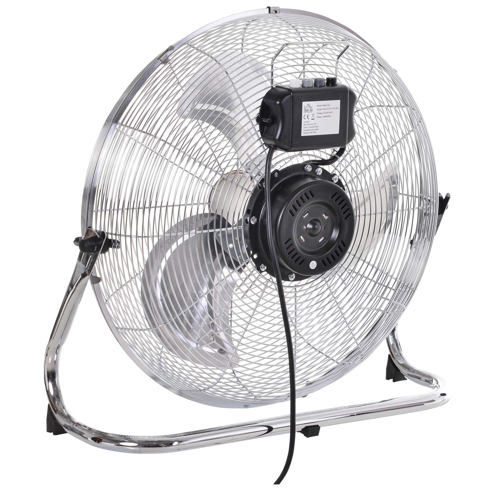 HOMCOM Ventilateur de Sol Ø51 cm Ventilateur Industriel sur pied 100 W avec 3 vitesses et inclinaison réglable à 120° en Métal pour chambre bureau Argenté