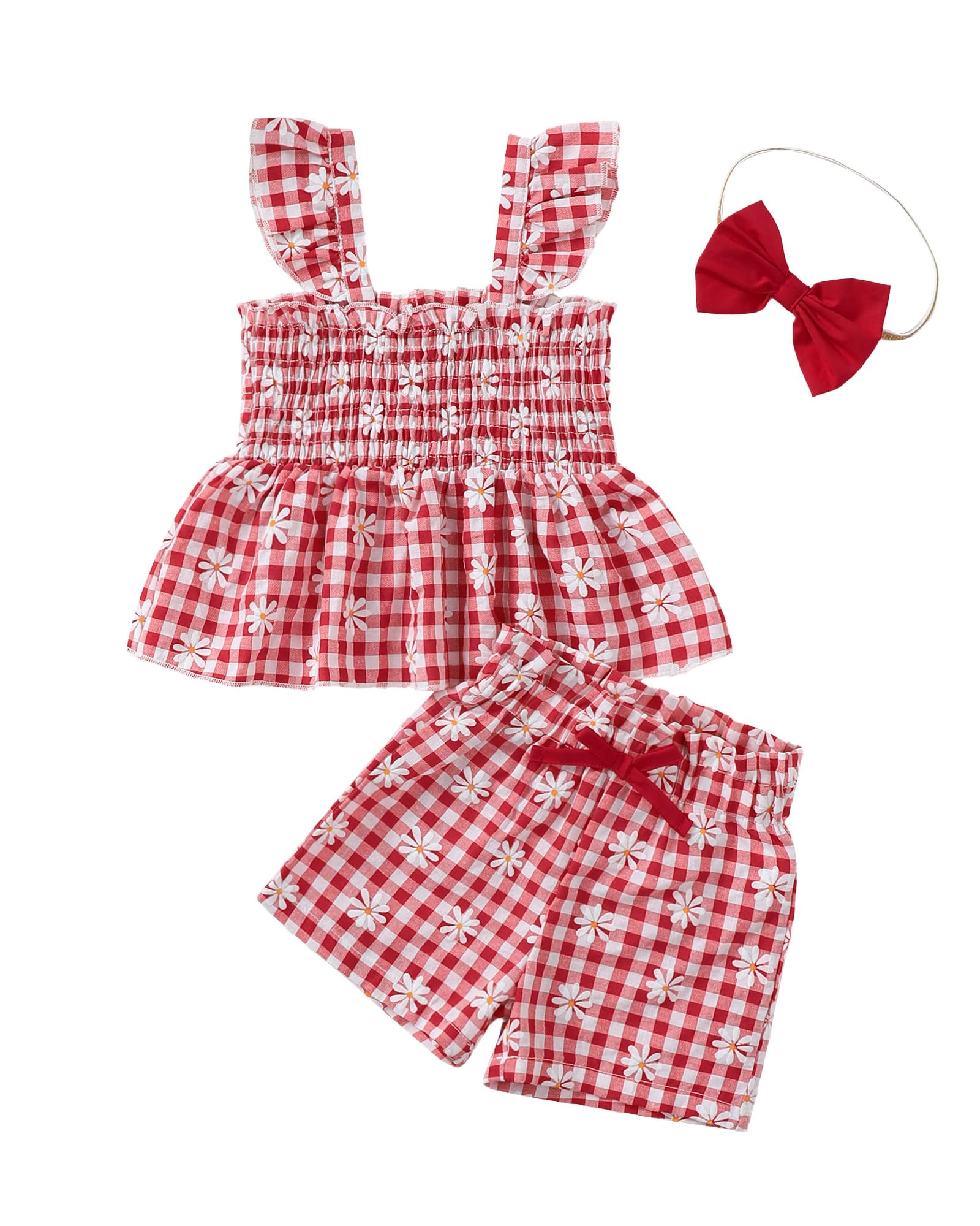 Mioglrie Toddler Baby Girl Summer Clothes Infant Spring Outfits Ruffle Sleeveless Shirt Baby Shorts Headband Clothing Set