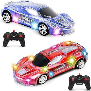 Haktoys Remote Control Light Up Cars 2-Pack Upgraded 2.4GHz RC Racing Sports Cars 1:24 Scale Radio Controlled Toy Vehicles with Bright and Colorful Flashing Lights - Two Players Can Play Together