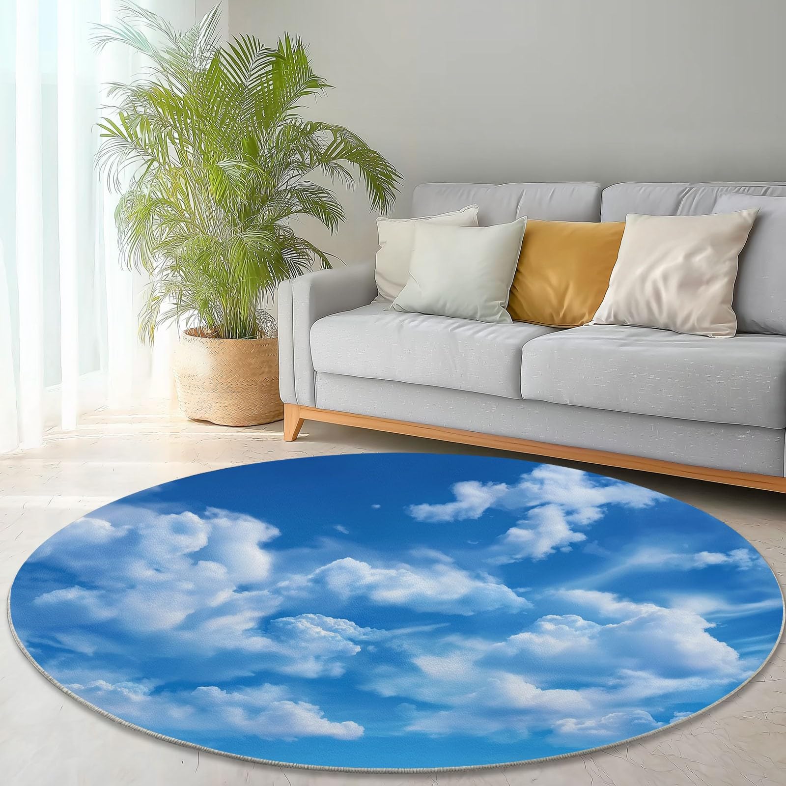 Tappeto Rotondo Fotografia Stile 90cm, Morbido Antiscivolo Lavabile Salotto Passatoia Realismo Cielo Azzurro Nuvole Bianche Tappeto Stampato per Bambini Cameretta Cucina Casa Zona Balcone Blue