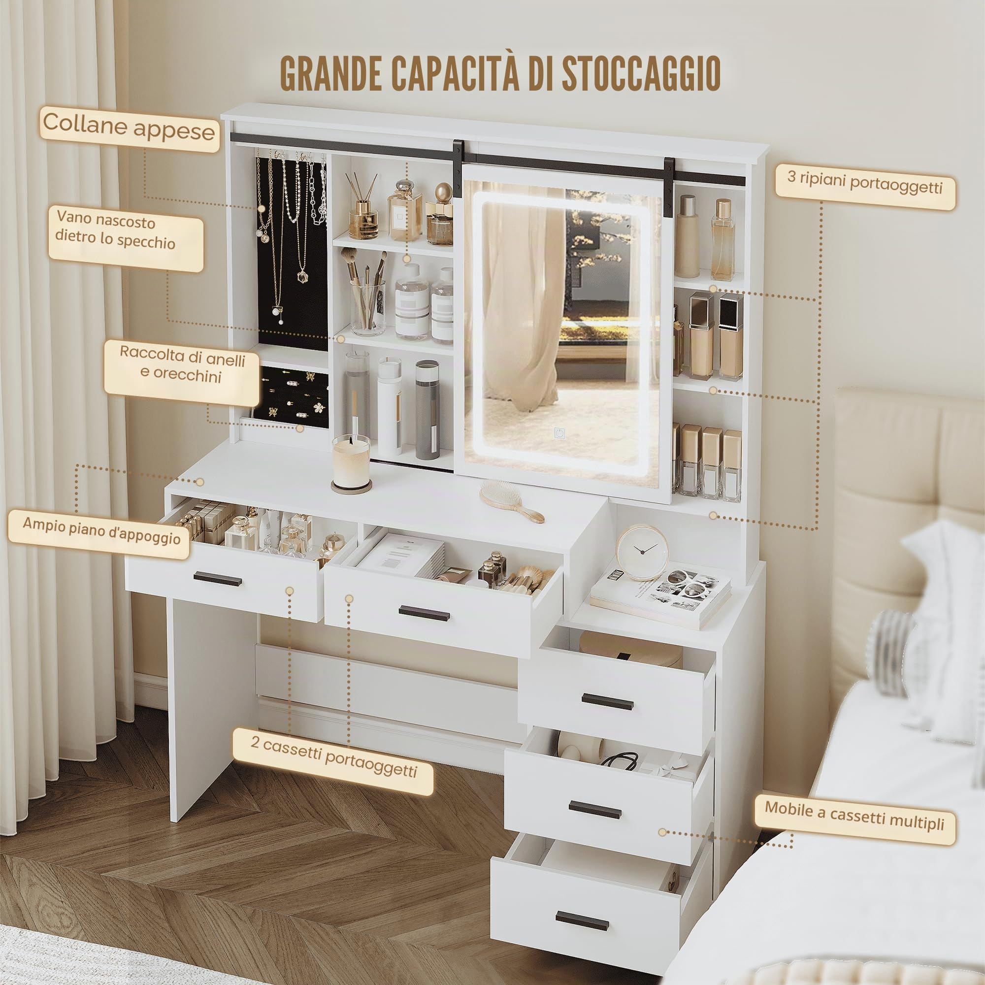 Hzuaneri Toeletta da Trucco con Luci LED Regolabili, Grande Specchio Rimovibile, con Portagioie, Ripiani Aperti, 5 Cassetti, con Tavolino, per Camera da Letto, Bianco DT33103X