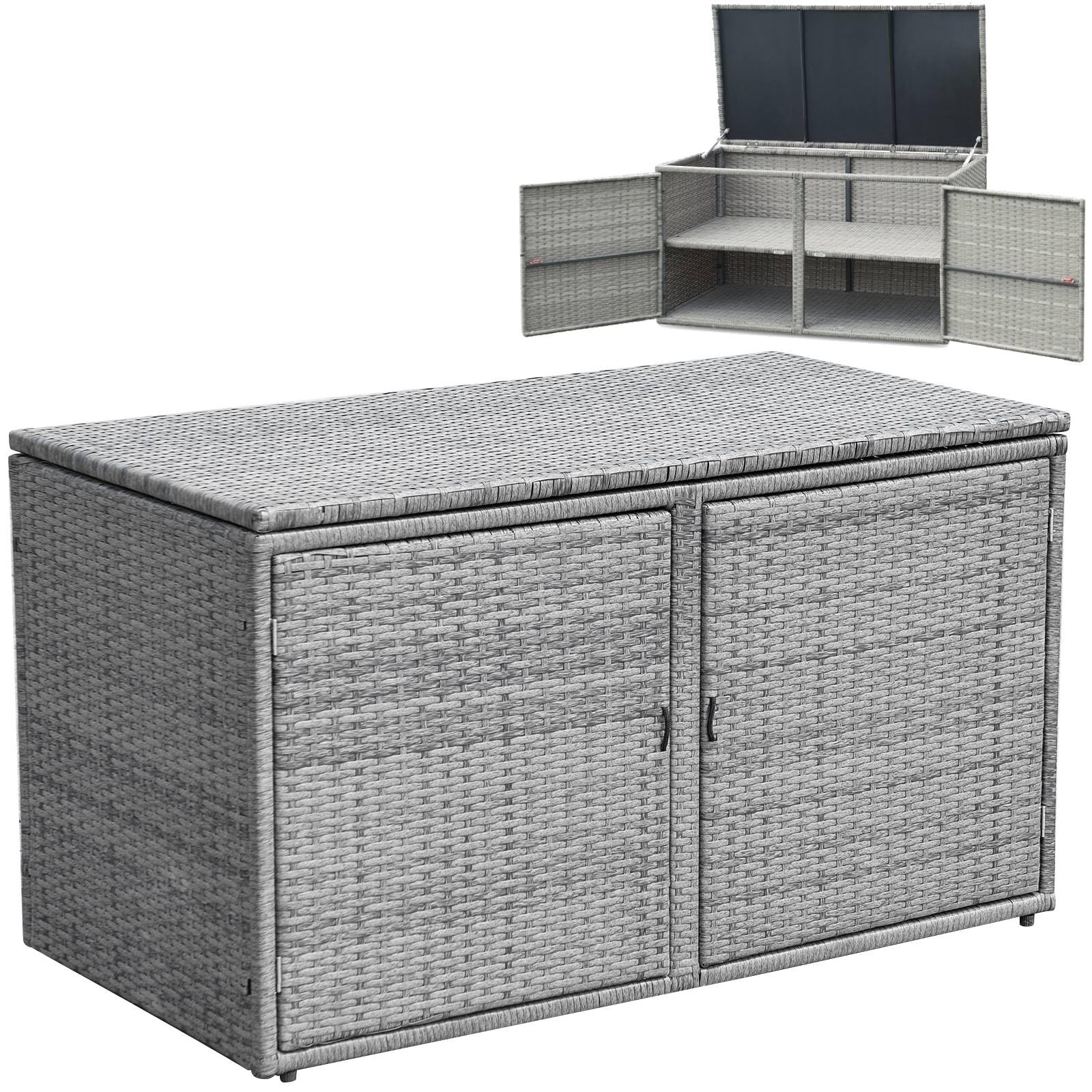 COSTWAY 330L Garden Storage Box, 2-Tier Waterproof Rattan Deck Box Chest with Pneumatic Rod, Lid & Front Doors, Outdoor Patio Storage Bench Table for Cushion Tool Toy (Grey)
