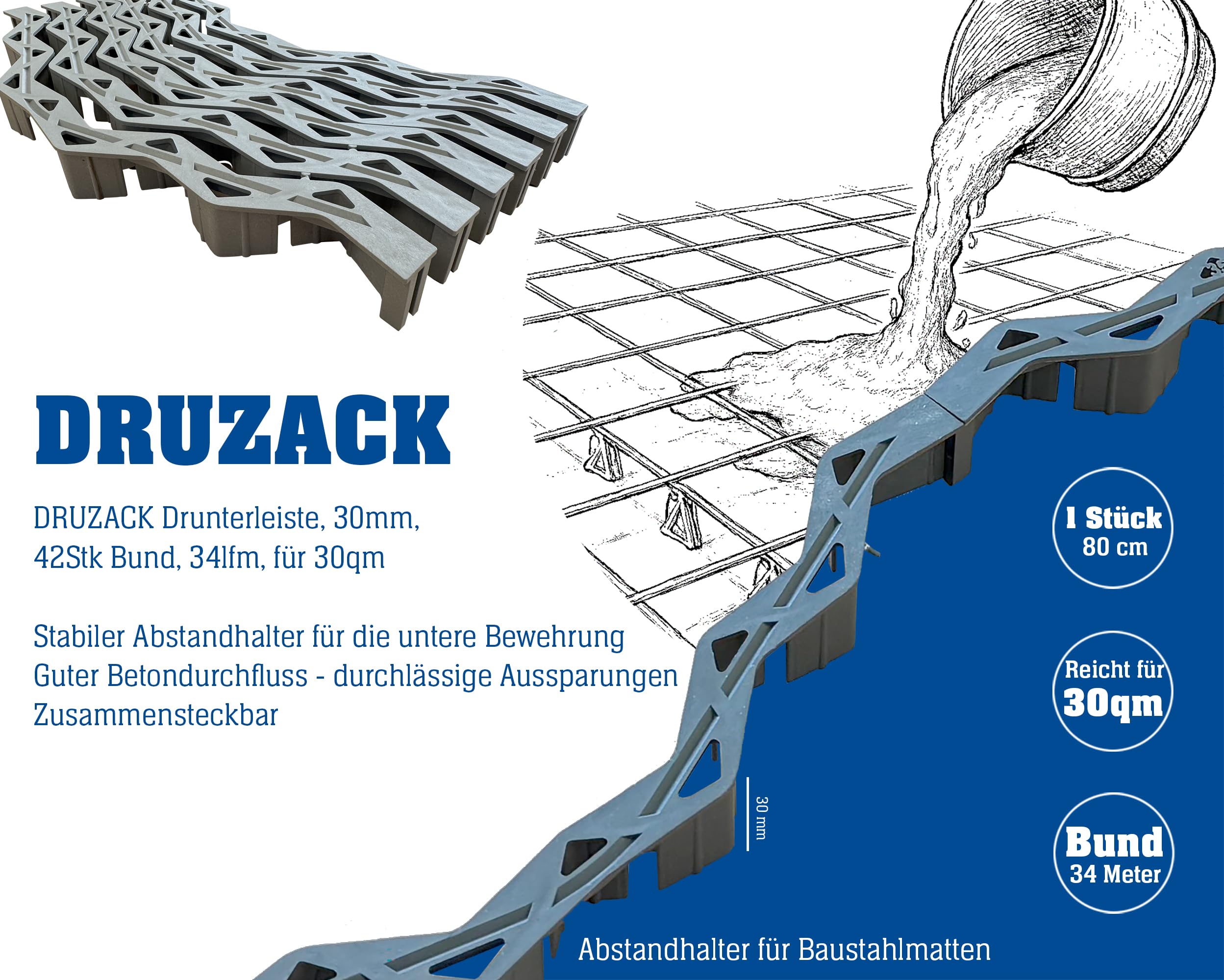DRUZACK Drunterleiste 30 mm – 42 Stück (34 lfm) Abstandhalter für Baustahlmatten – Betondeckung 30 mm – 80 cm Länge – für 30 m² Fundament, Bodenplatten & Betonbau