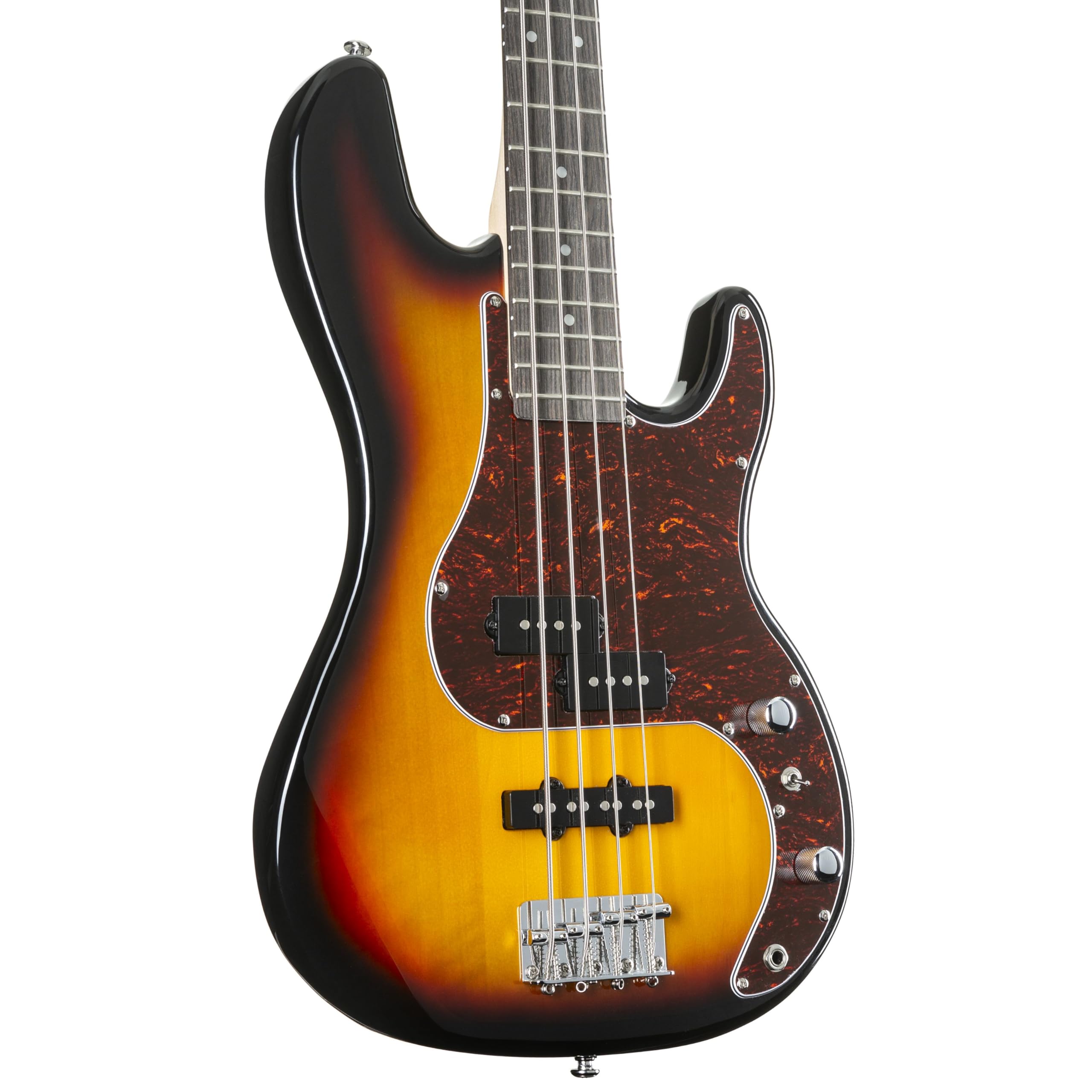 J & D E-Bass, Bass Gitarre mit 4 Saiten und Linde Korpus, JB Bass mit Split-Coil Tonabnehmer und Single Coil, passive Elektronik, 3-Tone Sunburst