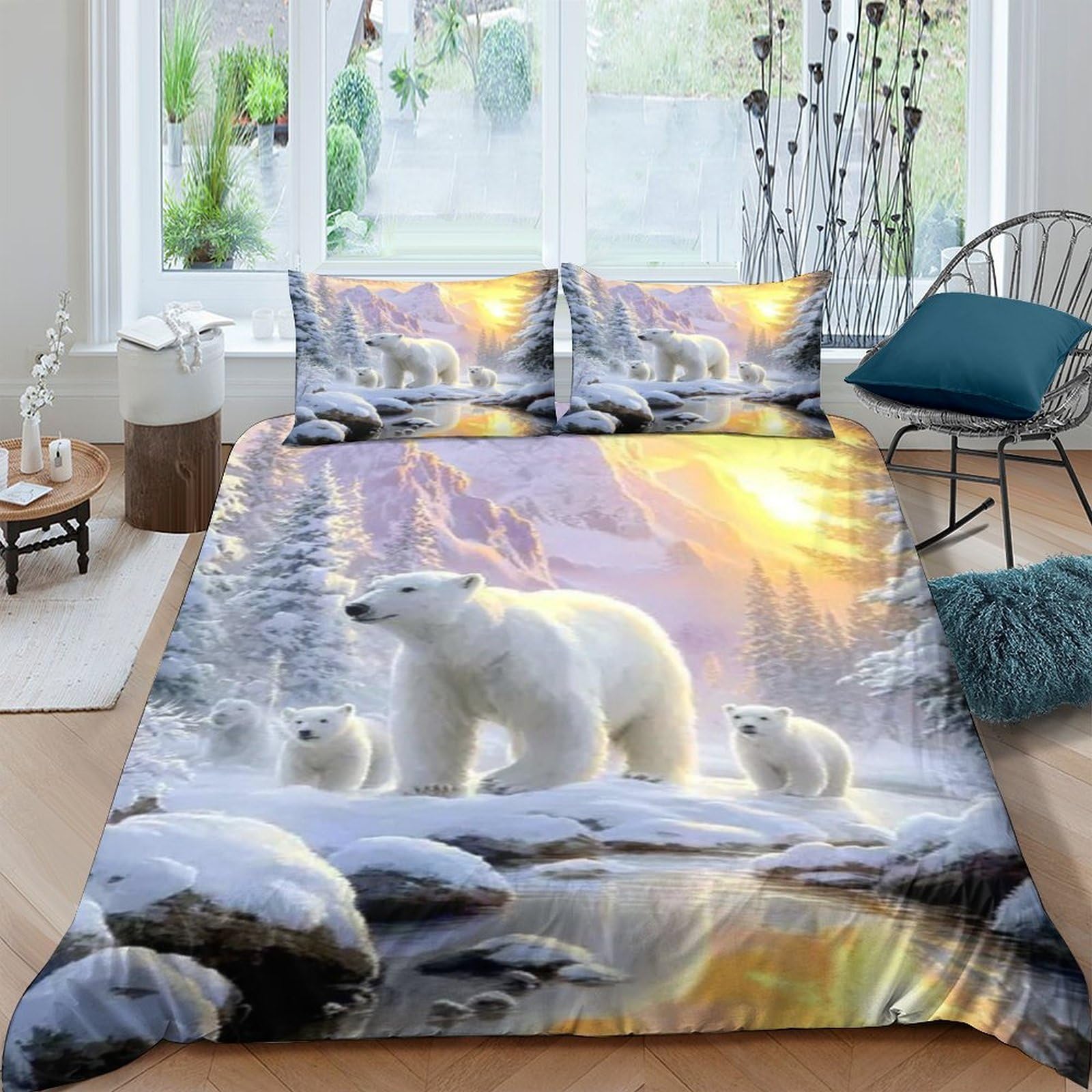 Ctjqhvkz Style-1 3D Printed Polar Bear Sunrise Fitted Sheet Microfiber Soft Anti-Slip Arctic Landscape Mattress Cover Bedroom Decor Single（135X200cm）