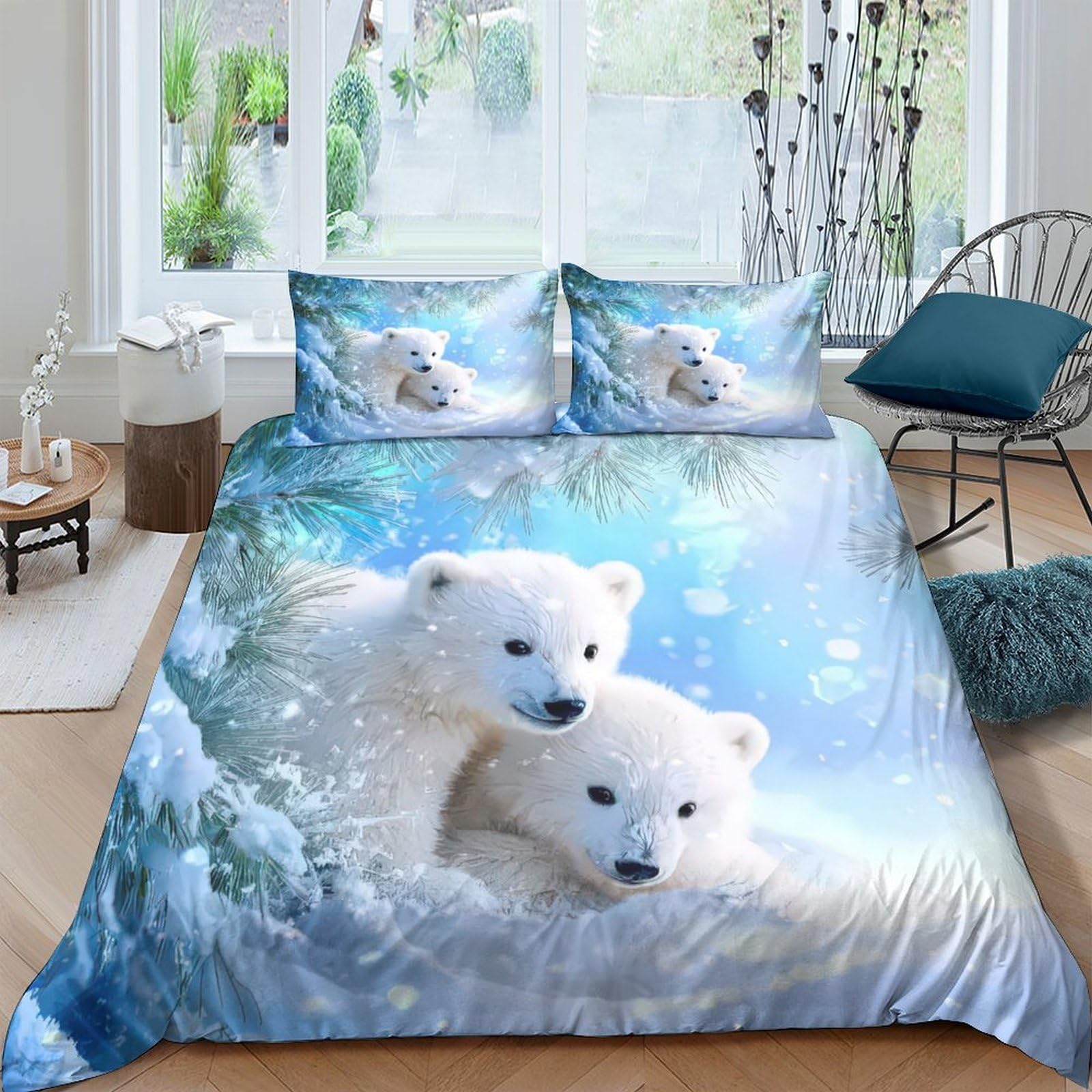 Ctjqhvkz Style-8 3D Printed Polar Bear Fitted Sheet Microfiber Soft Blue Forest Bed Cover For Bedroom Guest Room Mattress Protection Decor Single（135X200cm）