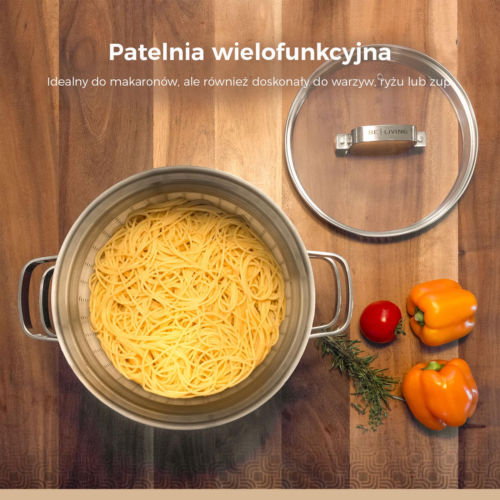 Be Living 3-częściowy garnek do makaronu – Ø 24 cm (7,5 l), duży garnek do gotowania makaronu ze stali nierdzewnej z sitkiem, indukcyjny garnek do spaghetti ze szklaną pokrywką, seria Vita