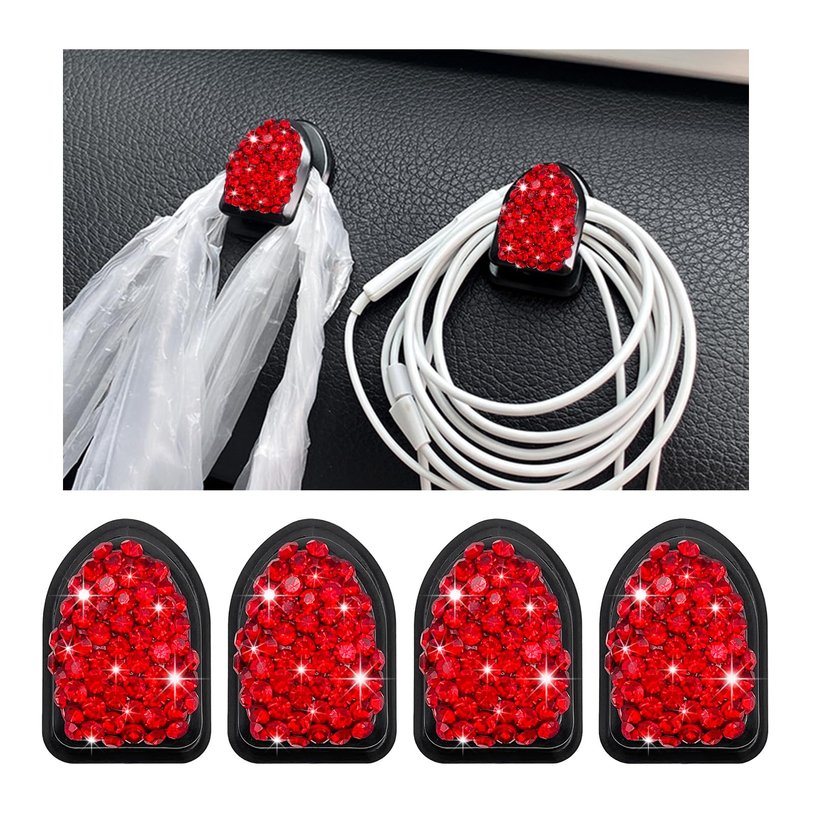 4PCS Bling Car Mini Hooks, Multifunctional Adhesive Small Auto Storage Hook for Key Cable Mask, Crystal Rhinestone Dashboard Hanging Hook, Interior Decor Car Accessories (Red)